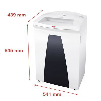 'Distruggidocumenti HSM Securio P36'. Dimensioni: 845 mm di altezza, 541 mm di profondità, 439 mm di larghezza. Dispositivo bianco su ruote con design frontale nero.