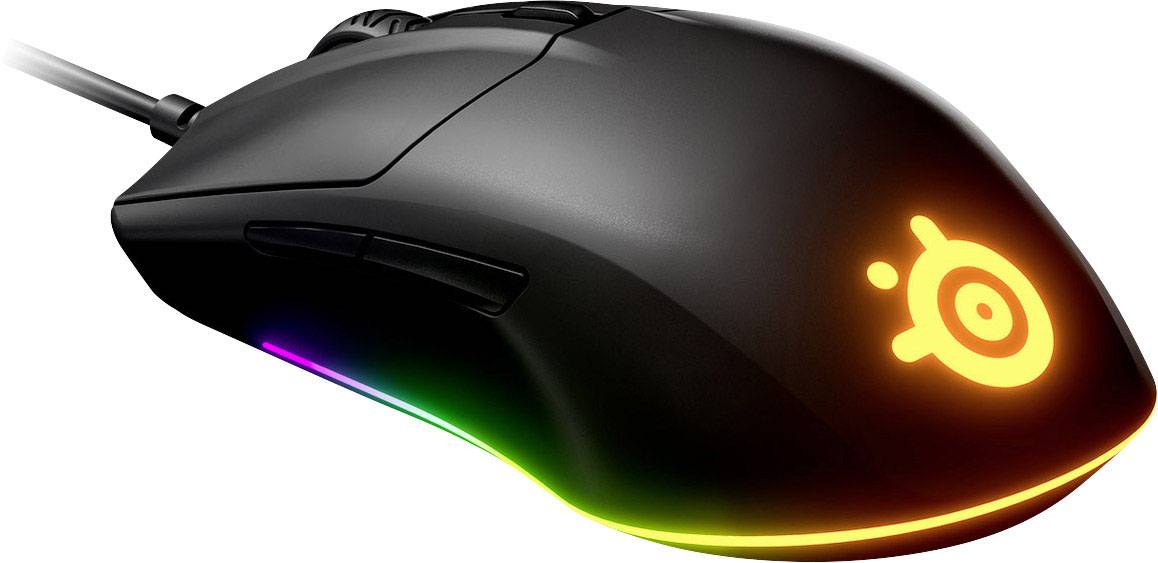 Mouse da gaming nera con logo illuminato e striscia luminosa RGB sui lati; design ergonomico per destrorsi.