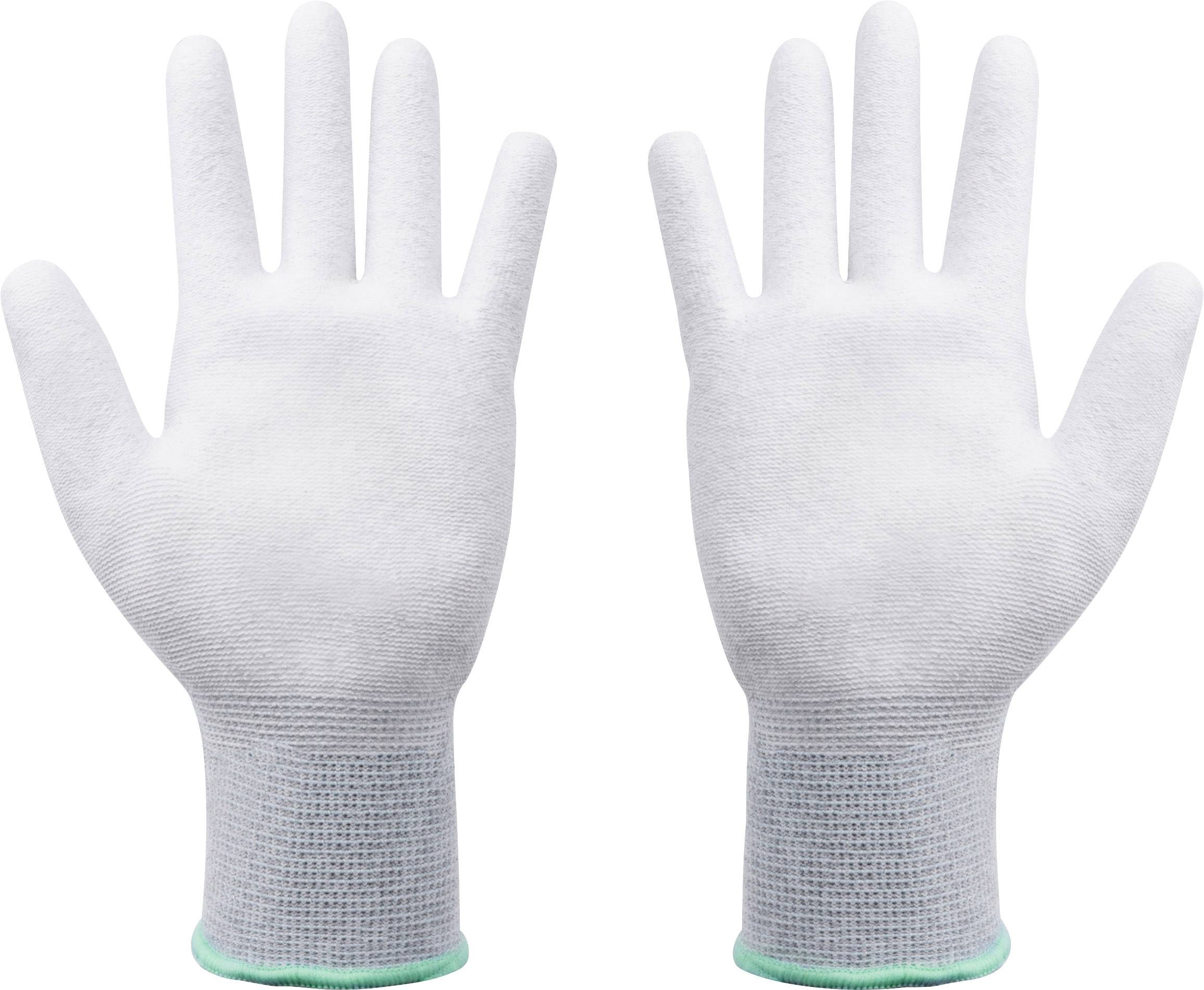 Due guanti da lavoro bianchi con polsini leggermente blu, posizionati uno accanto all'altro su sfondo bianco. Sono destinati alla protezione sul lavoro.