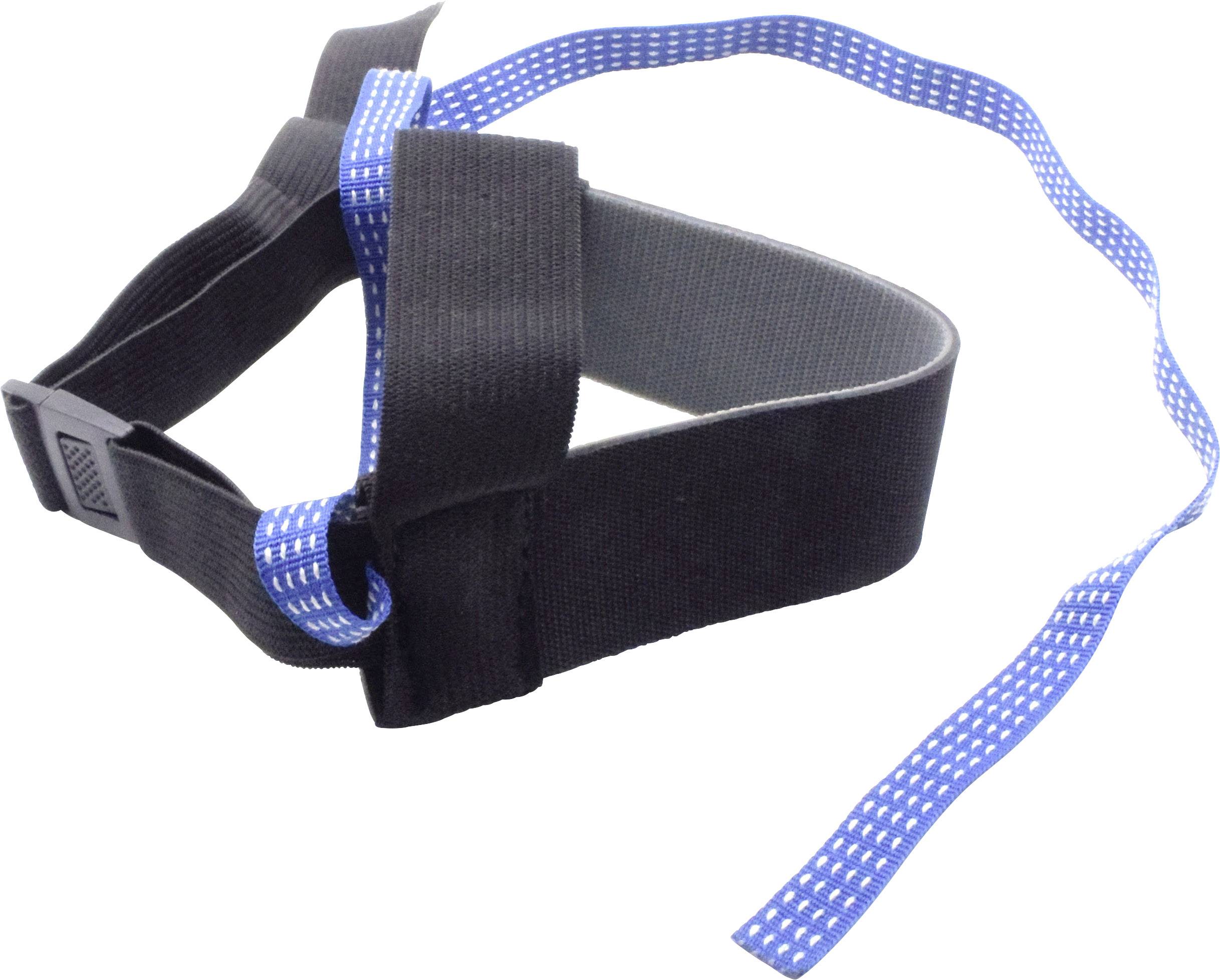 Una cinghia nera con strisce blu e fibbia, sviluppata per il fissaggio o la stabilizzazione, su sfondo bianco.