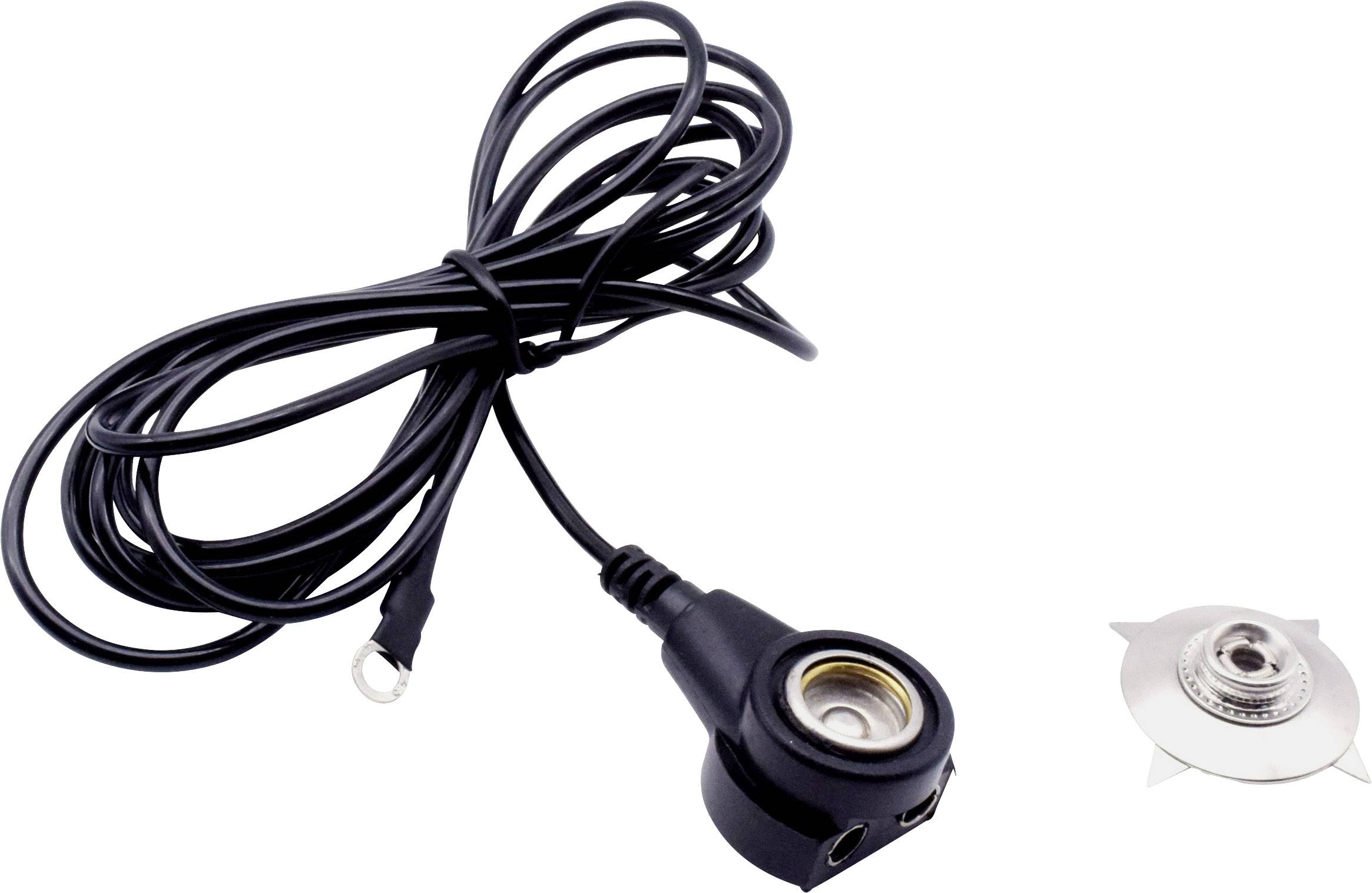 Un cavo nero con un attacco circolare e un contatto metallico mobile. Adatto per connessioni elettriche.