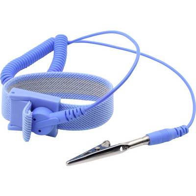 Un bracciale antistatico blu con cavo a spirale e pinza a coccodrillo, utilizzato per proteggere dispositivi elettronici dalle scariche elettrostatiche.