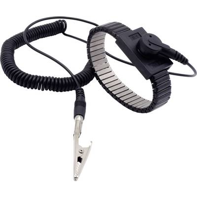 Un bracciale antistatico con cavo a spirale e pinza a coccodrillo per la messa a terra, comunemente utilizzato durante il lavoro con dispositivi elettronici sensibili.