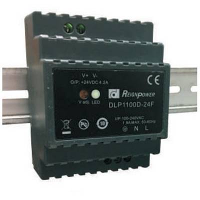 Un dispositivo elettronico con la scritta 'REIGN POWER DLP1100D-24F' per il montaggio su guida DIN, che mostra ingresso e uscita in corrente continua.