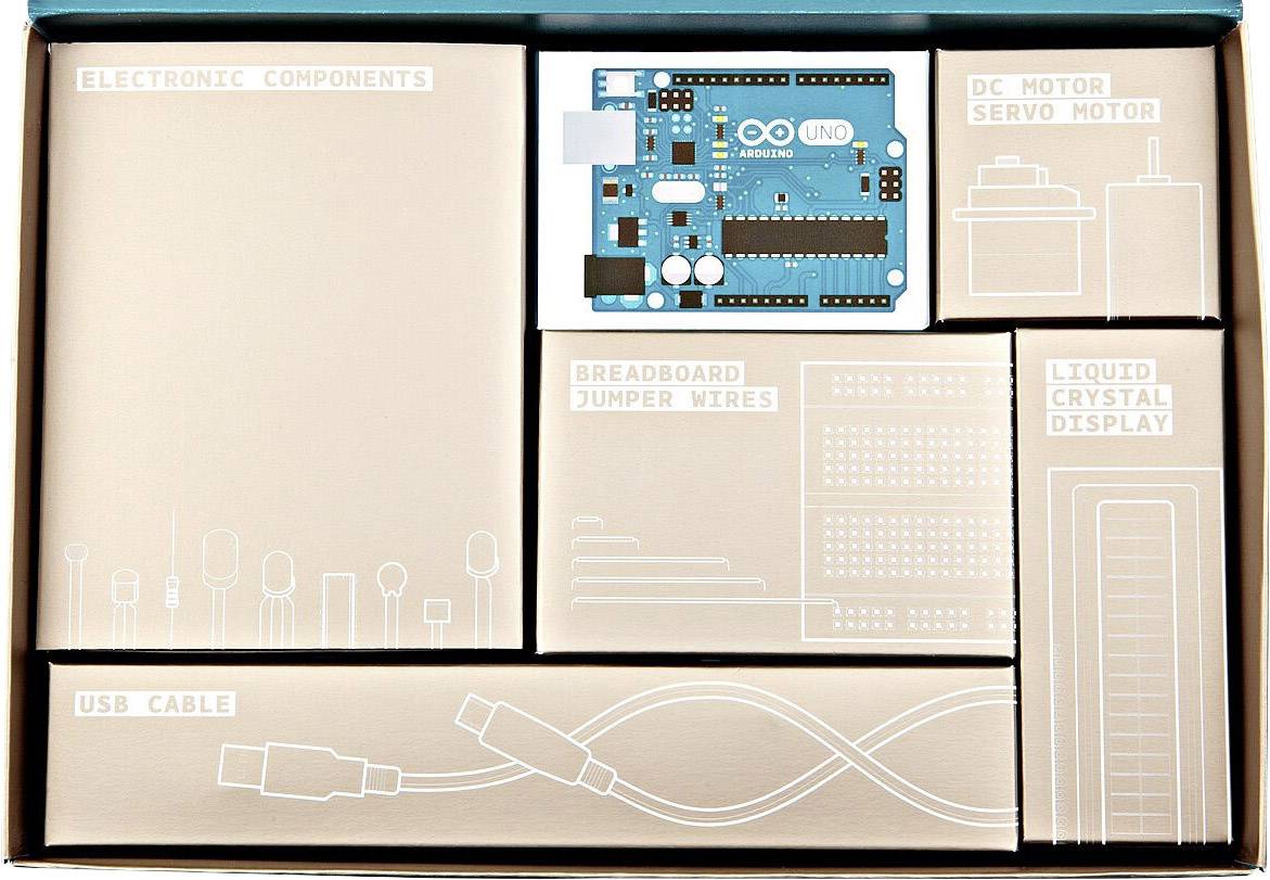 Kit Arduino per principianti con componenti elettronici, microcontrollore, breadboard, cavi jumper, servo motore, display LCD e cavo USB.
