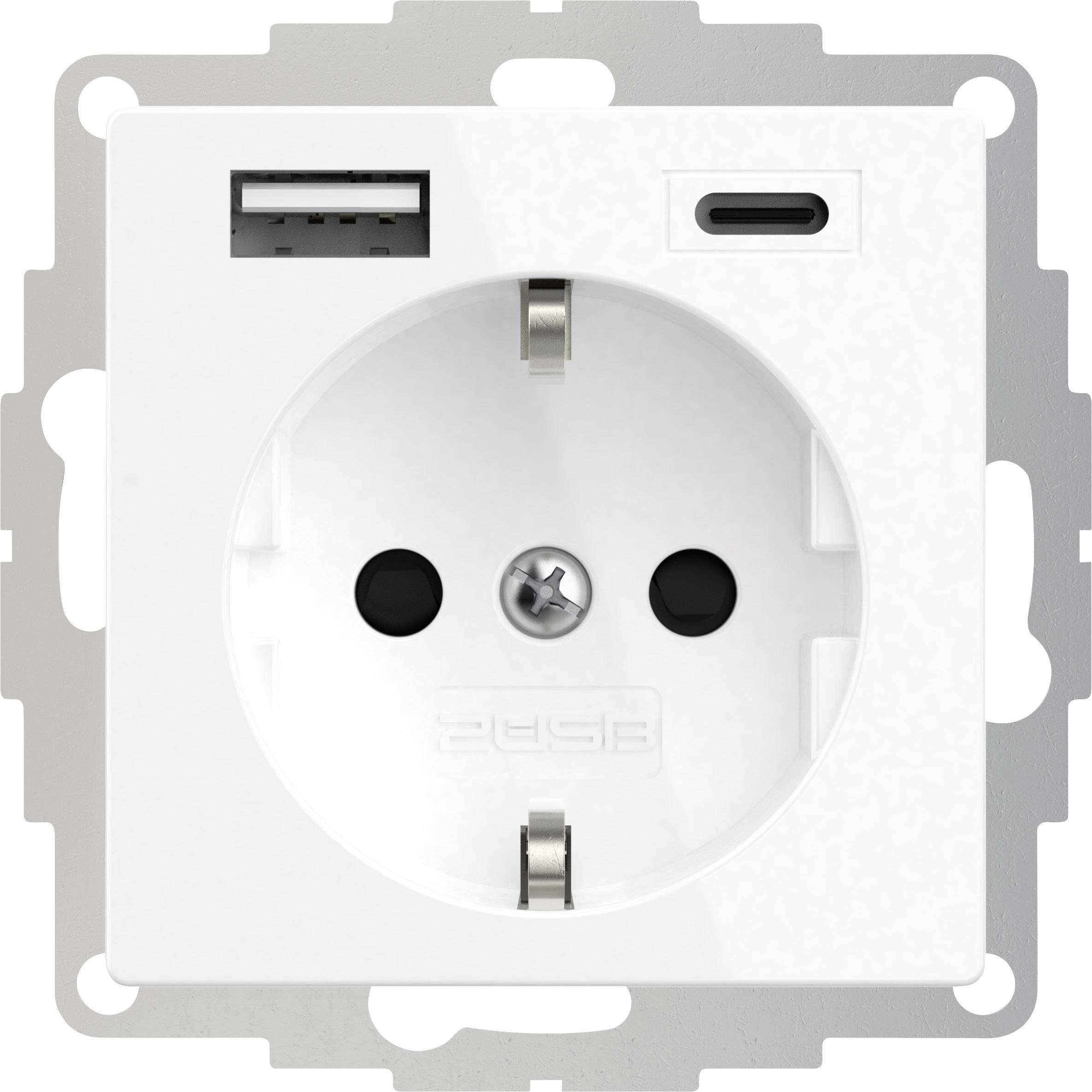 Presa elettrica con porte USB-A e USB-C, integrata in una placca bianca a muro.
