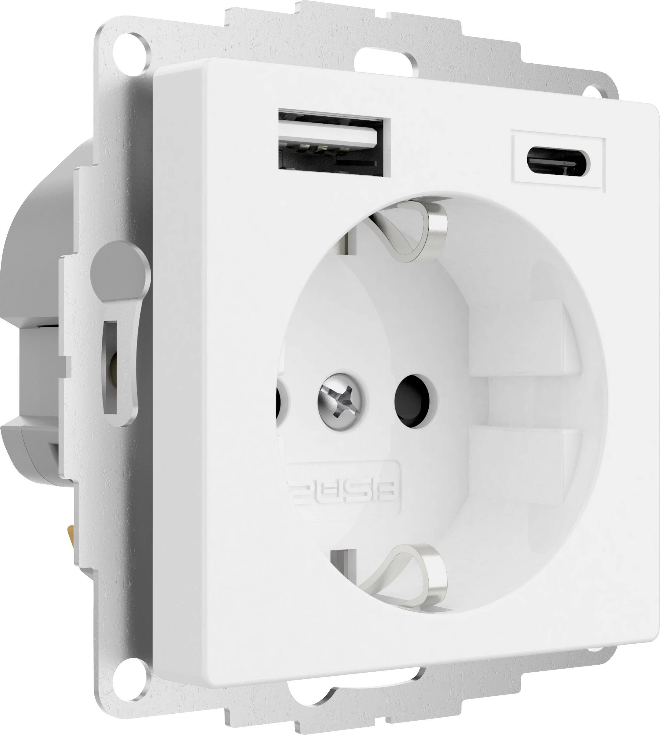 Presa elettrica bianca con porta USB e USB-C integrate.