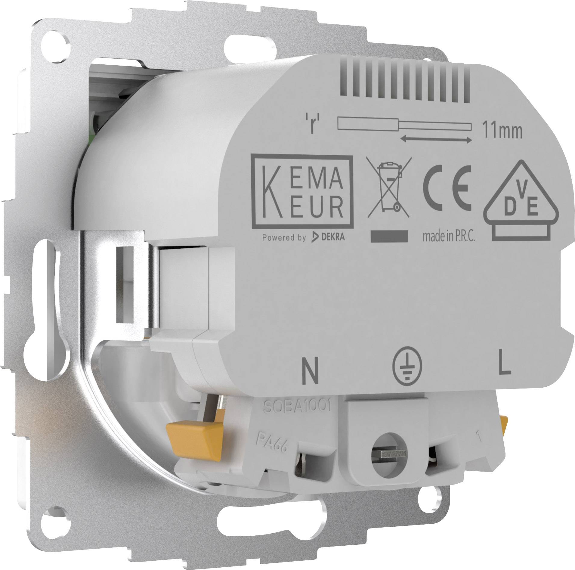 Dimmer elettrico grigio da incasso a parete, con morsetti per conduttore neutro e di fase, marchio CE e profondità di 11 mm.