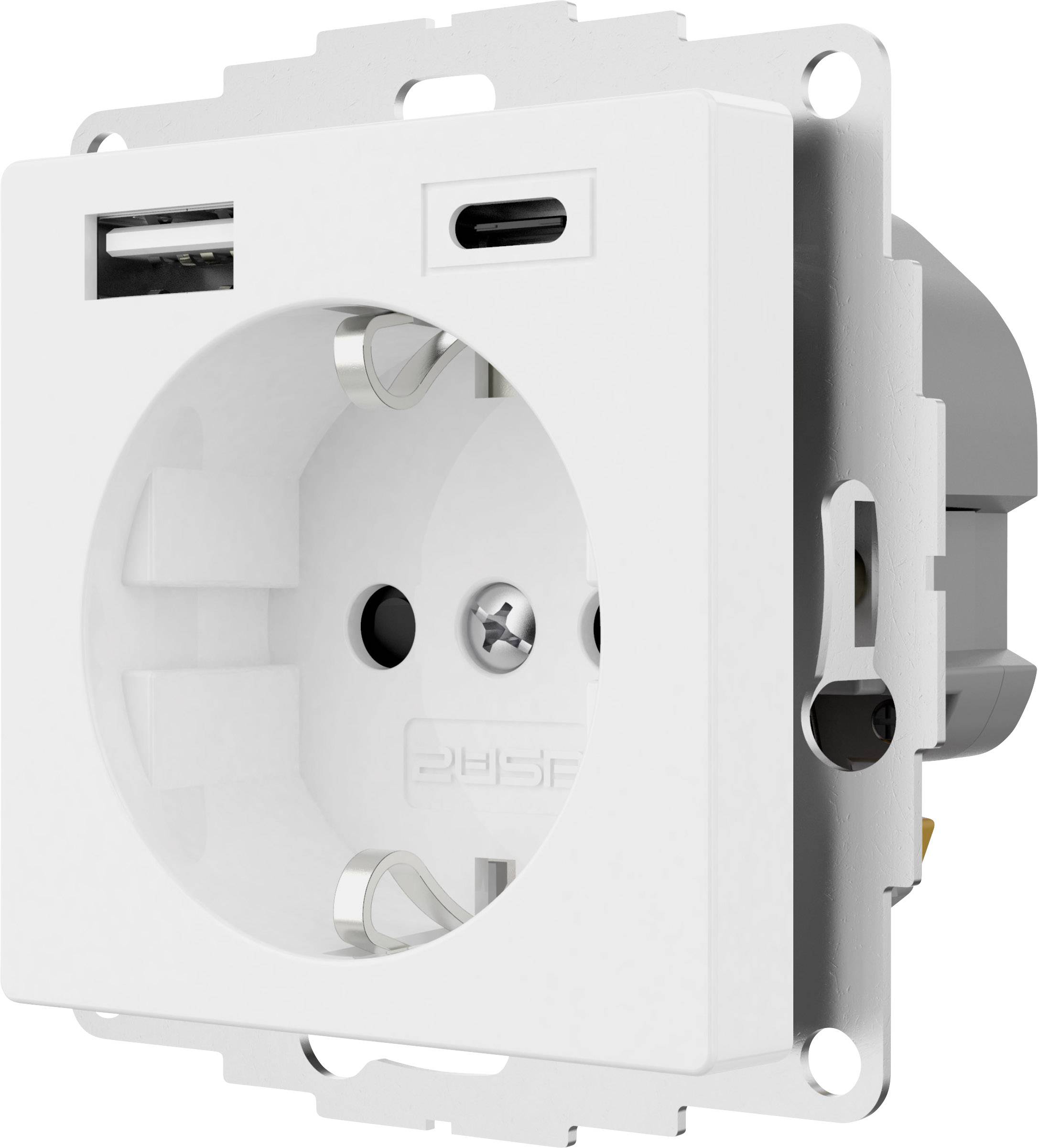 Presa a muro bianca con porte USB-A e USB-C integrate, idonea per l'alimentazione flessibile di dispositivi elettronici.