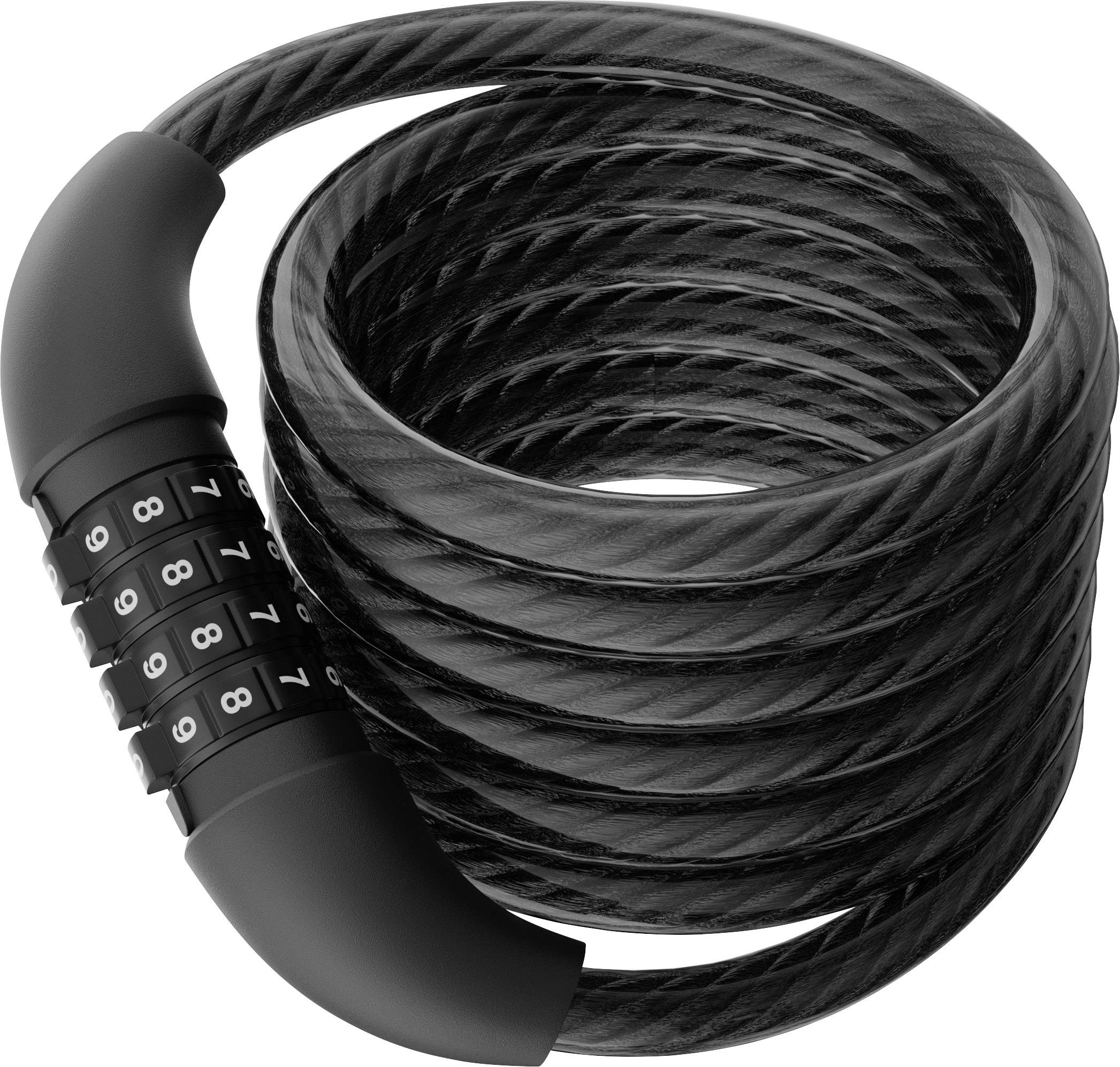 Lucchetto per bicicletta nero con combinazione numerica a 5 cifre, arrotolato a spirale.