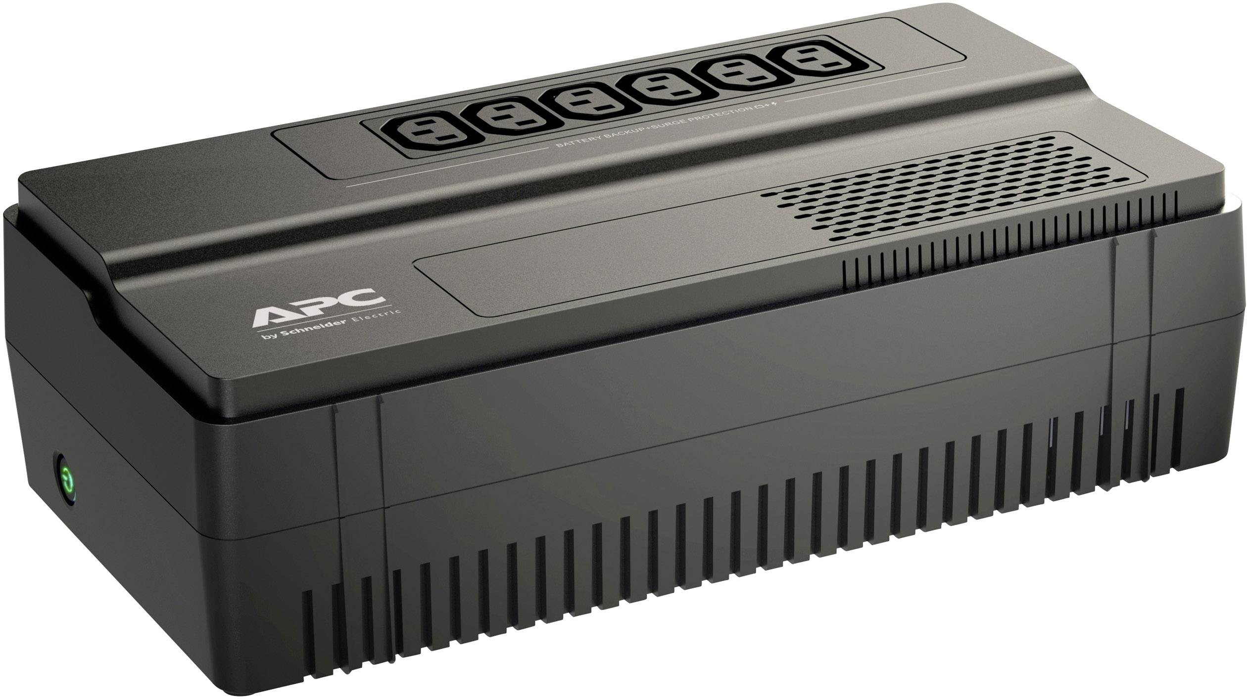 Un UPS APC (alimentazione elettrica ininterrotta) con sei prese sul lato superiore, adatto per computer e altri dispositivi elettronici.