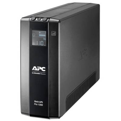 Un dispositivo APC Back-UPS Pro 1300 nero con display digitale che mostra informazioni come lo stato della batteria e il consumo di energia.