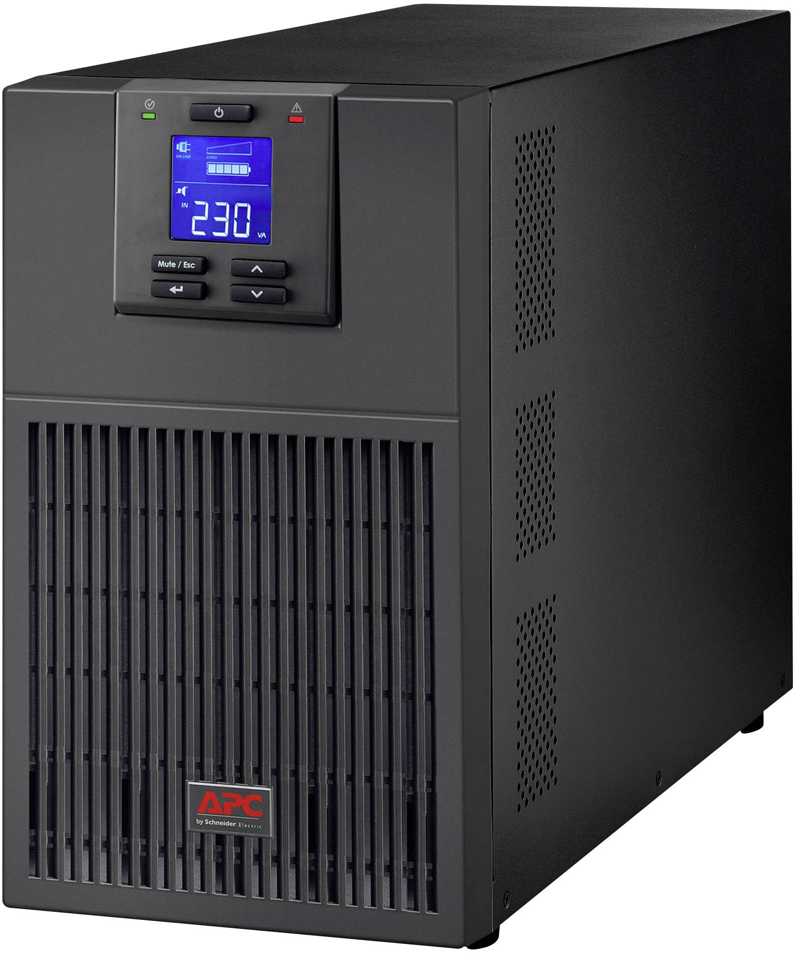 APC UPS nera con display LCD blu che mostra '230V'. Protegge i dispositivi elettronici da interruzioni di corrente e fluttuazioni di tensione.