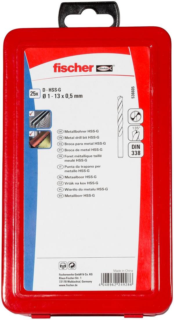 Fischer 536605 HSS-G HSS Kit punte a spirale da metallo 25 parti 1 mm, 1.5 mm, 2 mm, 2.5 mm, 3 mm, 3.5 mm, 4 mm, 4.5 mm, 5 mm, 5.5 mm, 6 mm, 6.5 mm, 7 mm, 7.5 mm, 8 mm, 8.5 mm, 9 mm, 9.5 mm, 10 mm, 10.5 mm, 11 mm, 11.5 mm, 12 mm, 12.5 mm, 13 mm DIN 338 1 KIT