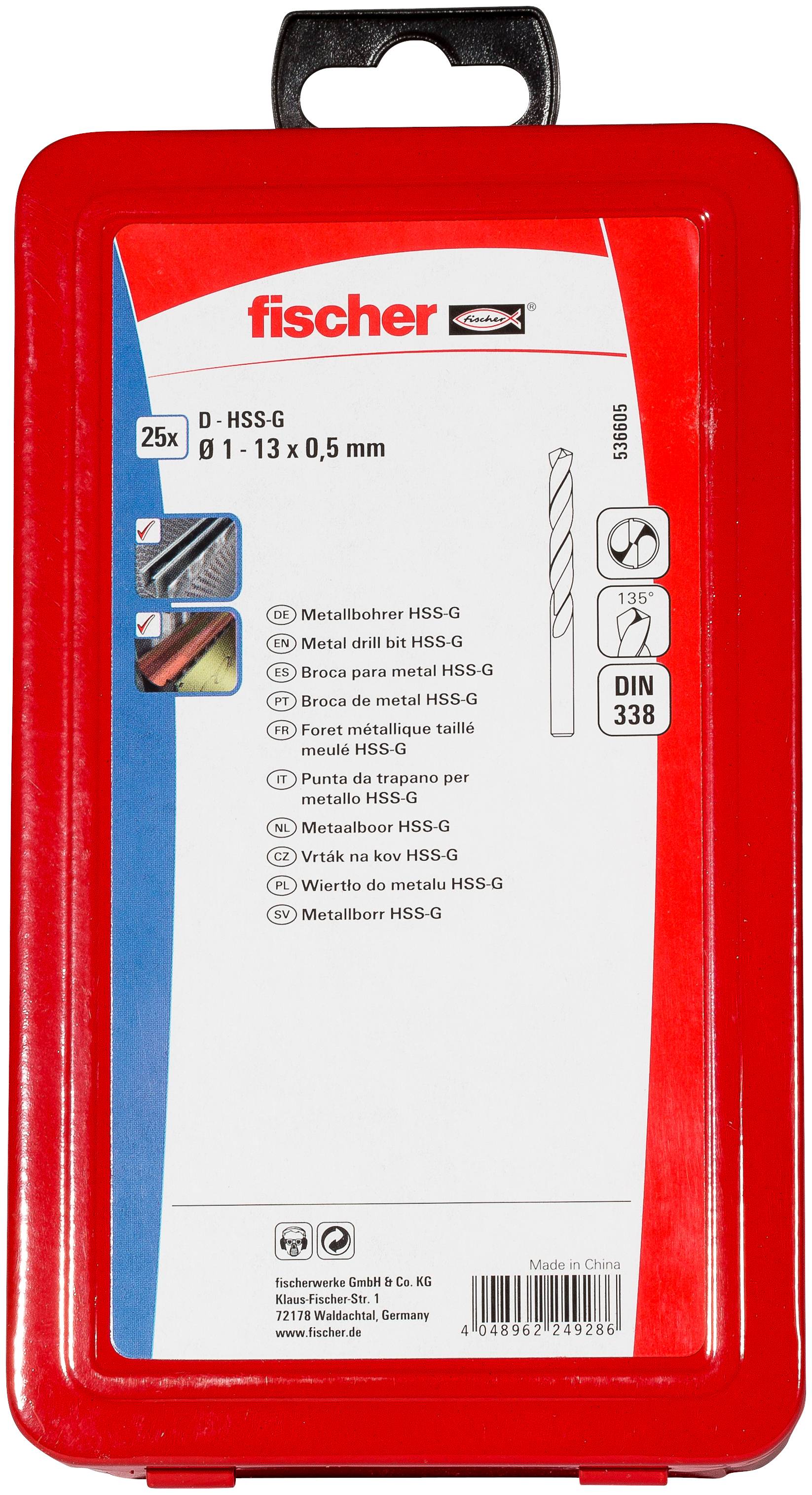 Custodia per punte da trapano in plastica rossa contrassegnata 'fischer' contenente 25 punte da trapano in metallo HSS-G, misura 1–13 x 0,5 mm, DIN 338.