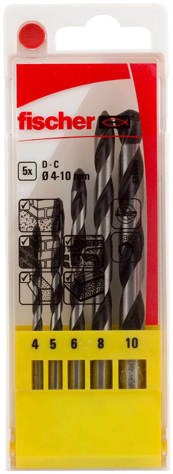 Set di punte trapano in plastica con etichetta 'fischer' contenente 5 punte D-C 4 10 mm, mostrate in una custodia trasparente rosso-gialla.