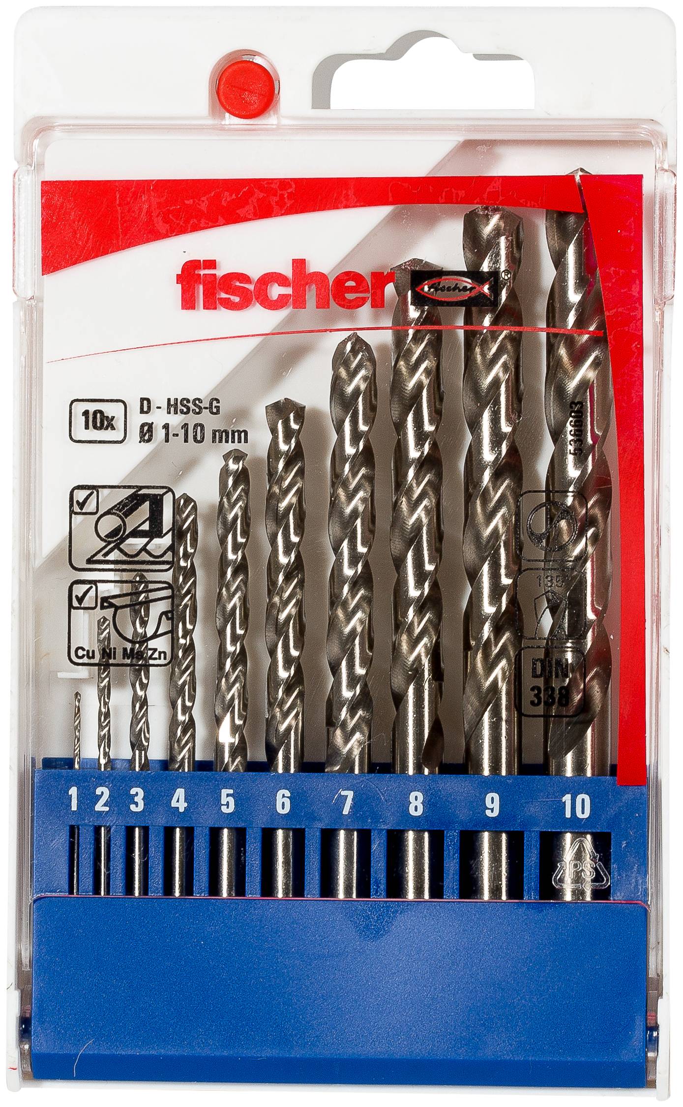 Set di punte per trapano Fischer confezionato con 10 punte in metallo in una scatola in plastica trasparente, etichettato "D-HSS-G" e "Ø 1-10 mm".