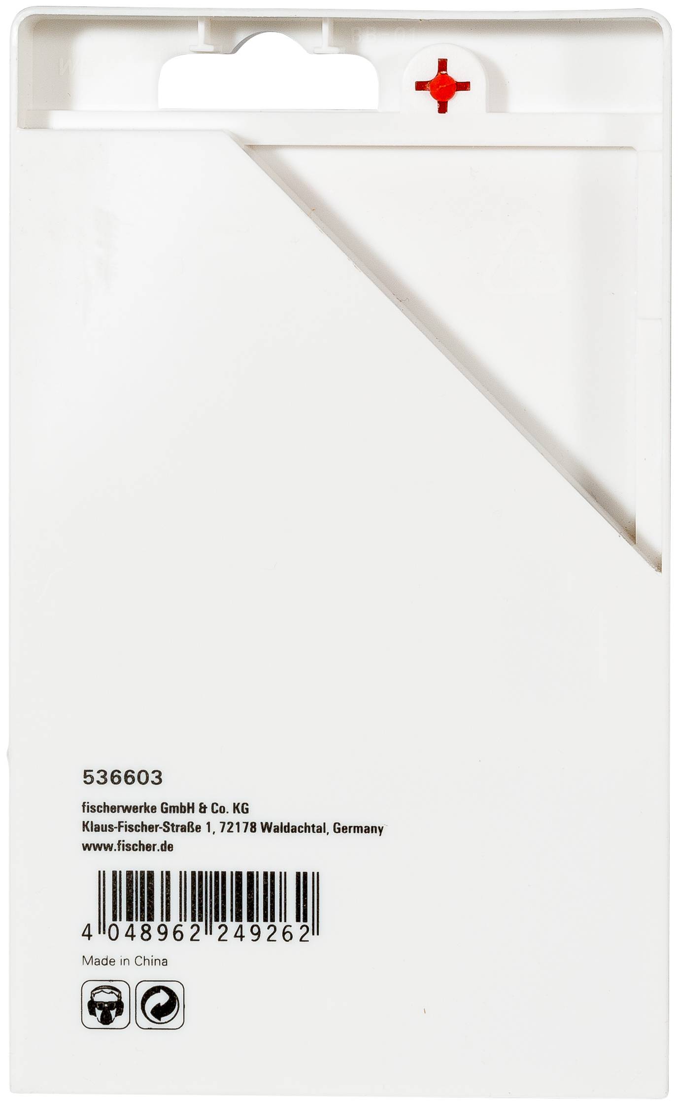 Confezione di un articolo da montare a parete in plastica bianca con numero di prodotto 536603, marchio Fischer, codice a barre e fessura di gancio rosso nella parte superiore.