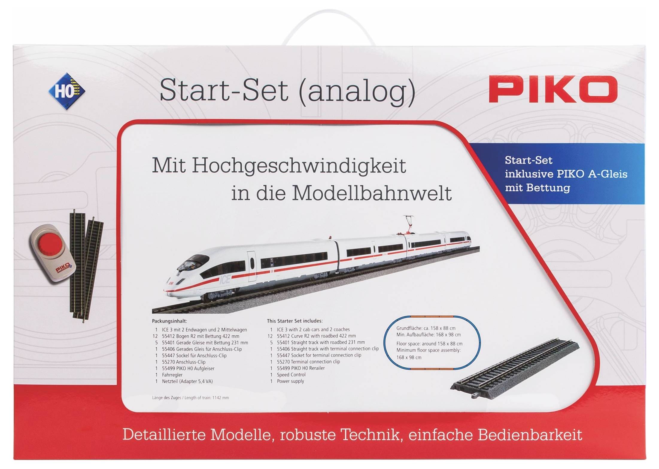 Set di base per modellismo ferroviario, include treno ad alta velocità, binari e controllo. Comprende binari PIKO A con massicciata.