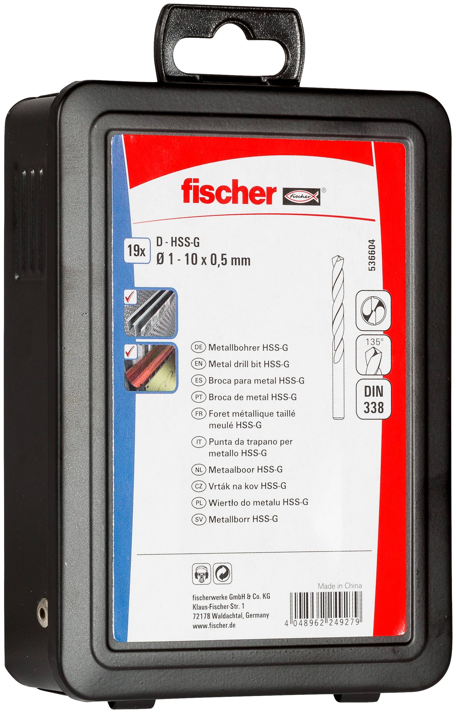 Astuccio per punte Fischer etichettato HSS-G, che mostra un set da 19 pezzi per punte da trapano in metallo da 1–10 x 0,5 mm.