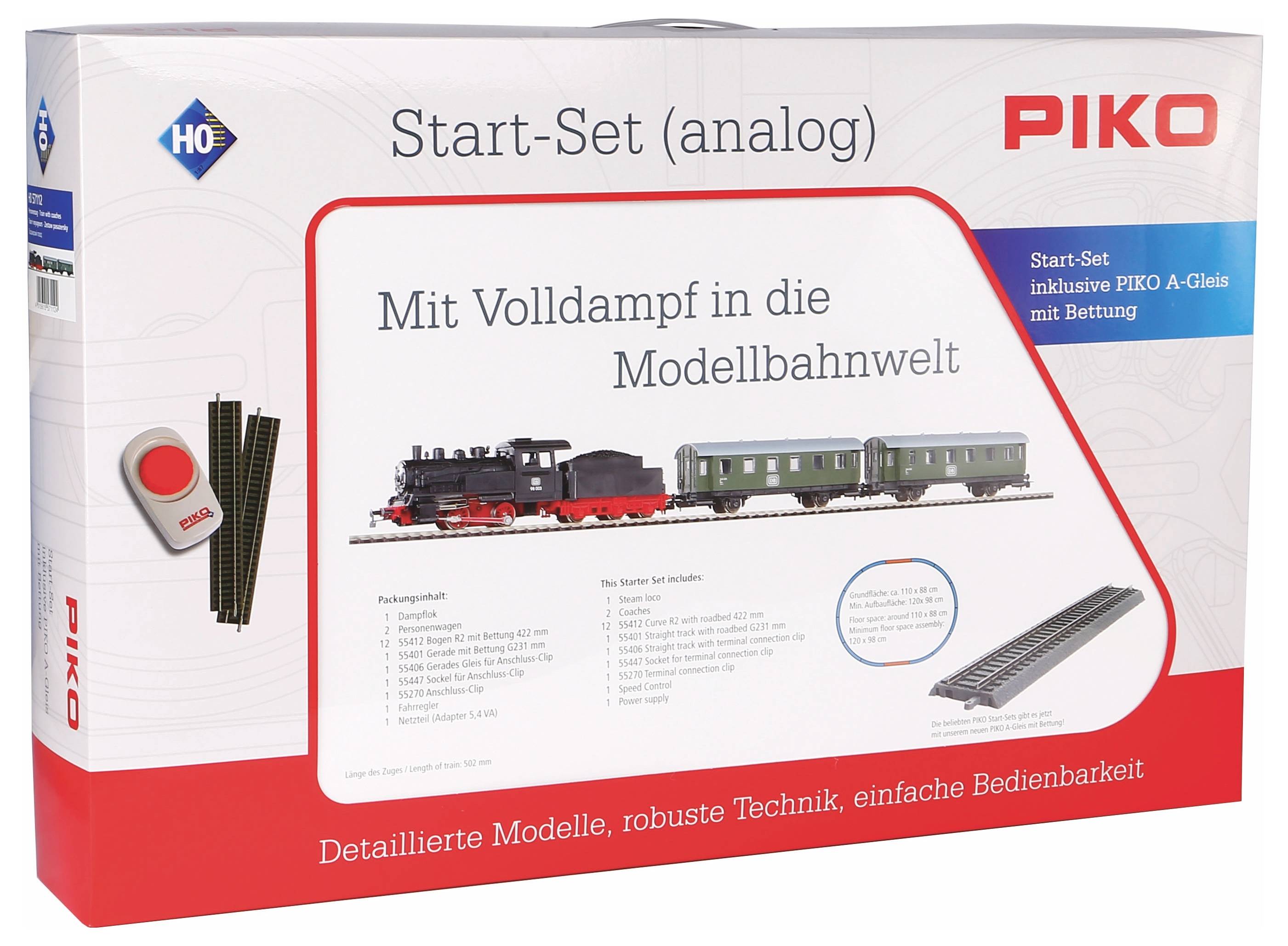 Set iniziale per modellismo ferroviario con locomotiva a vapore e vagoni, comprensivo di binari e unità di controllo, adatto per sistemi analogici.