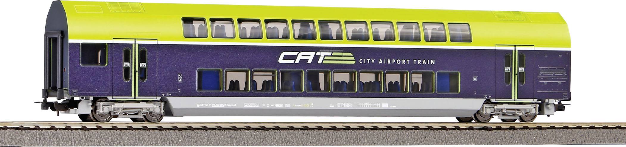 Vagone ferroviario a due piani del 'CAT - City Airport Train' con verniciatura blu-verde, fermo sui binari.