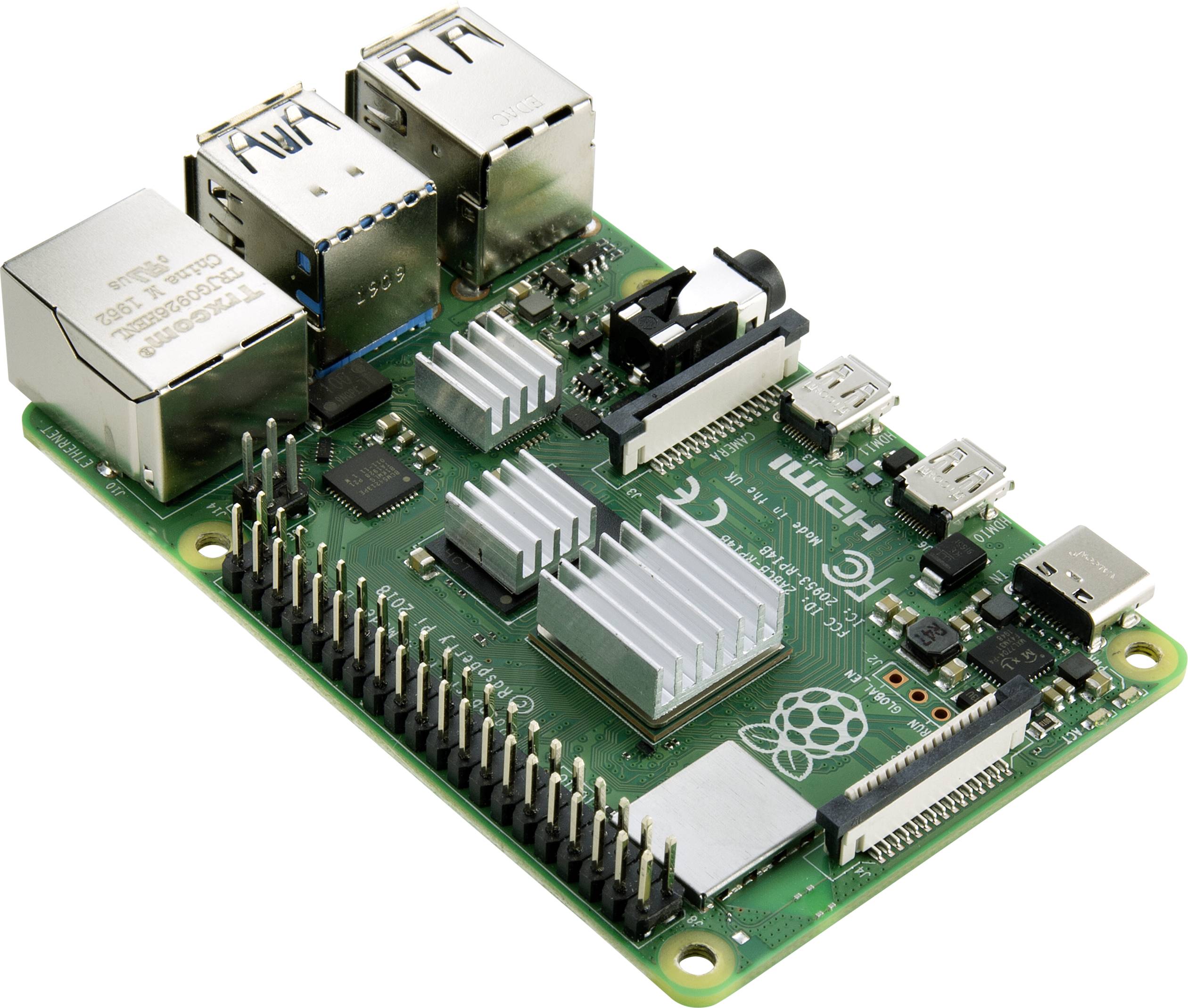 Una scheda verde Raspberry Pi con porte USB ed Ethernet, connettore HDMI, chip e dissipatore di calore.