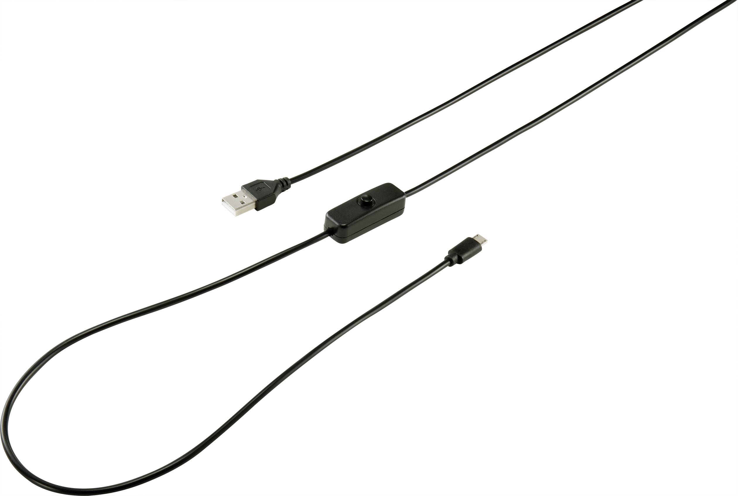 Un cavo USB nero con un interruttore nel mezzo; da un lato ha un connettore USB, dall'altro un connettore USB-C.