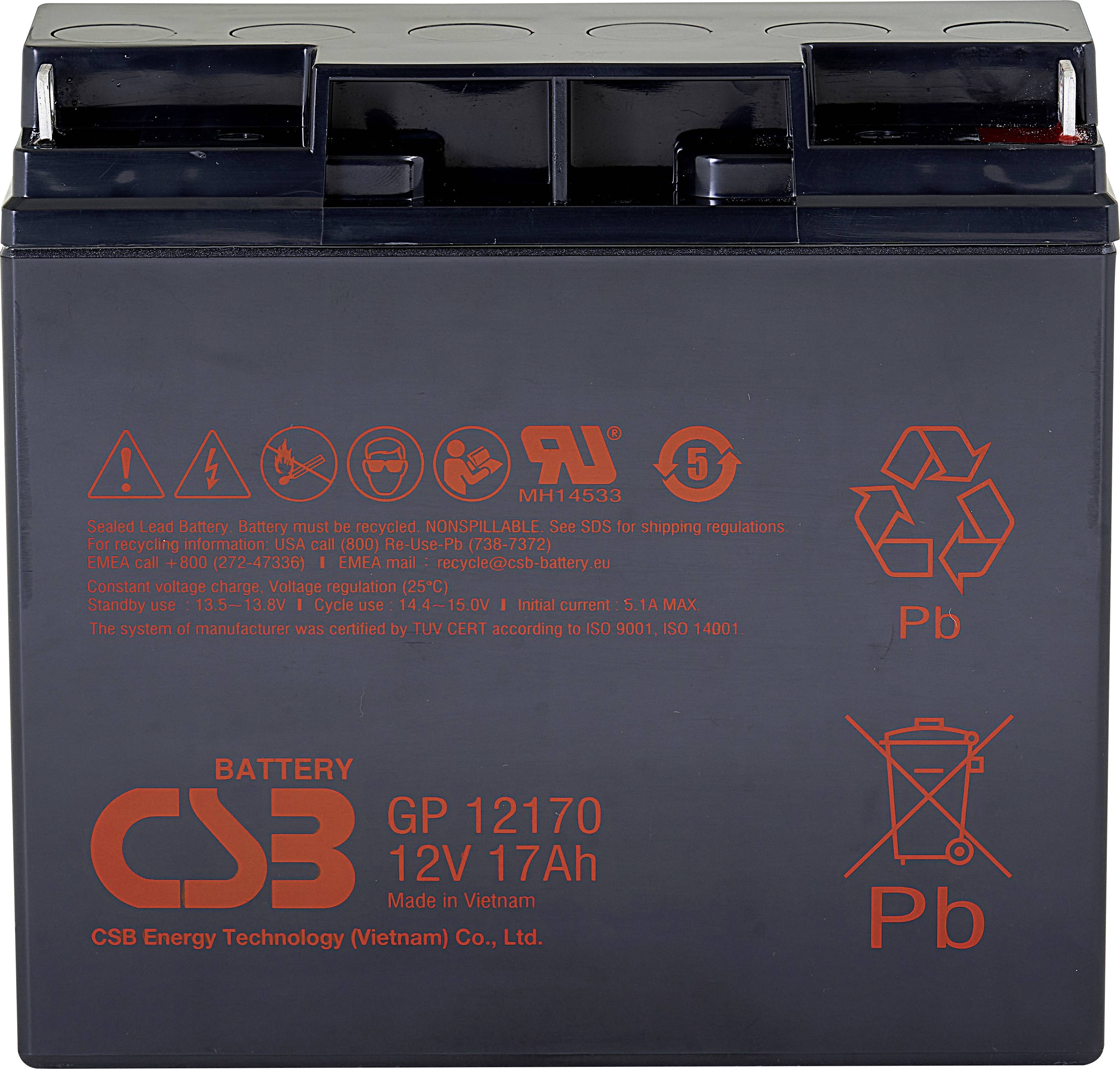 'Batteria al piombo-acido da 12V 17Ah di colore nero con avvertenze e informazioni del produttore sul lato anteriore.'