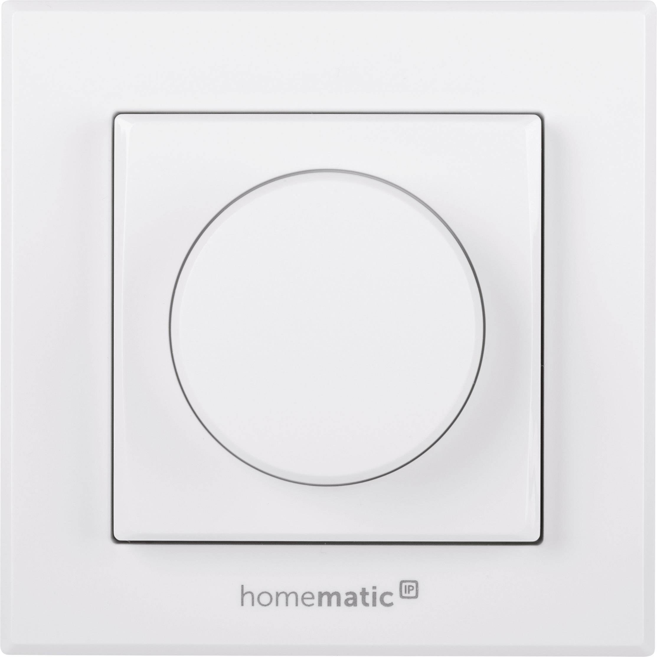 Un interruttore intelligente Homematic IP, quadrato in bianco con un pulsante centrale rotondo, adatto per l'automazione domestica.