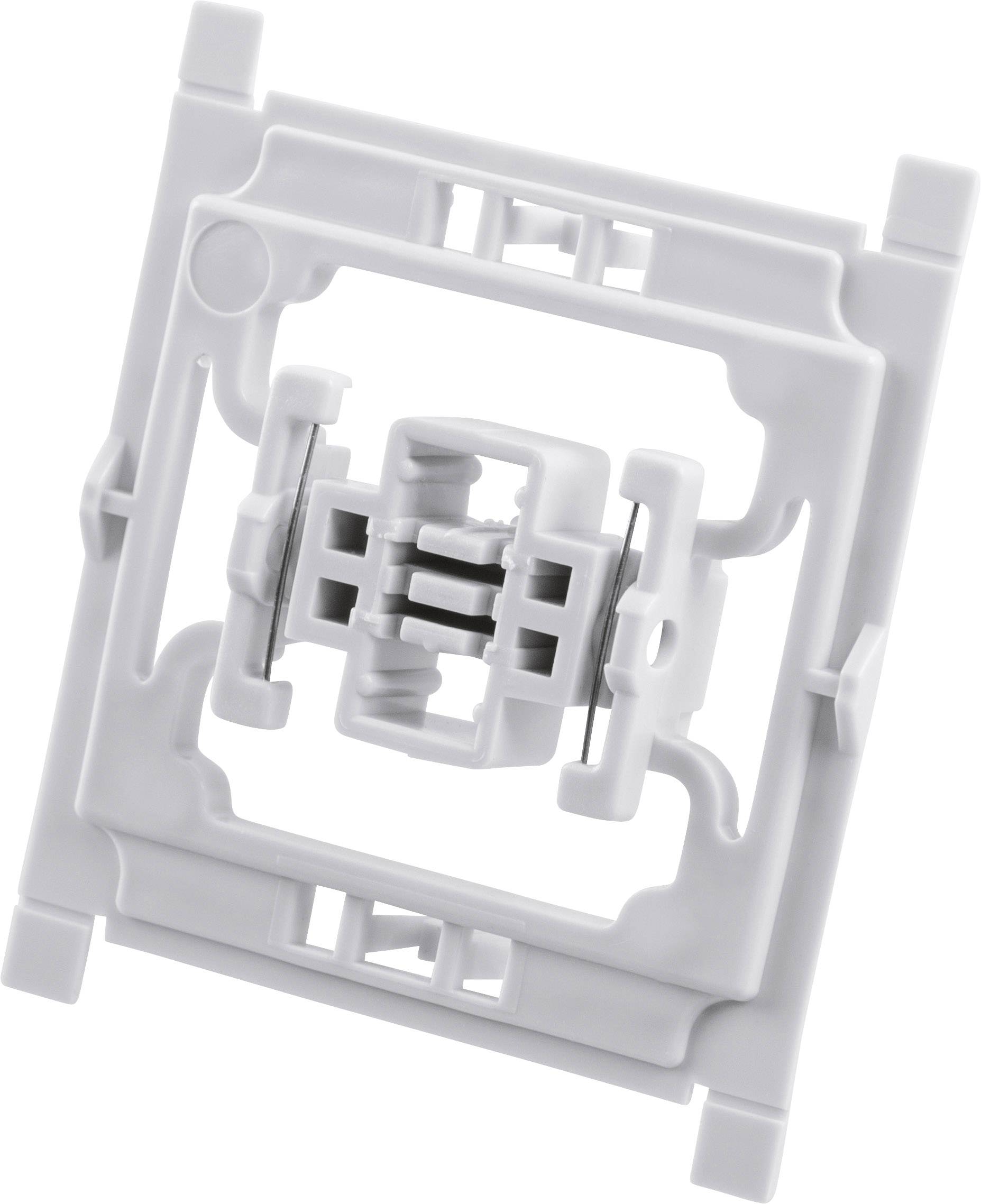 Un telaio bianco in plastica utilizzato per alloggiare componenti meccanici in interruttori elettrici o prese.
