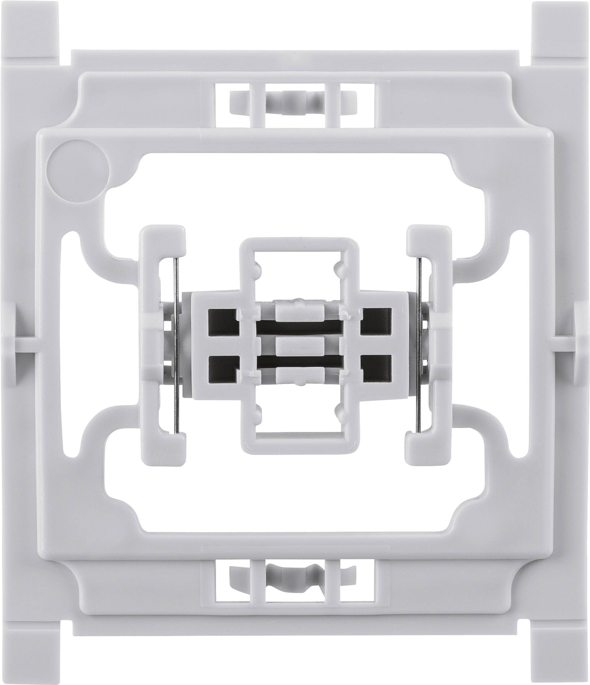 Unità di prese elettriche bianche quadrate, con struttura centrale in metallo e supporti.