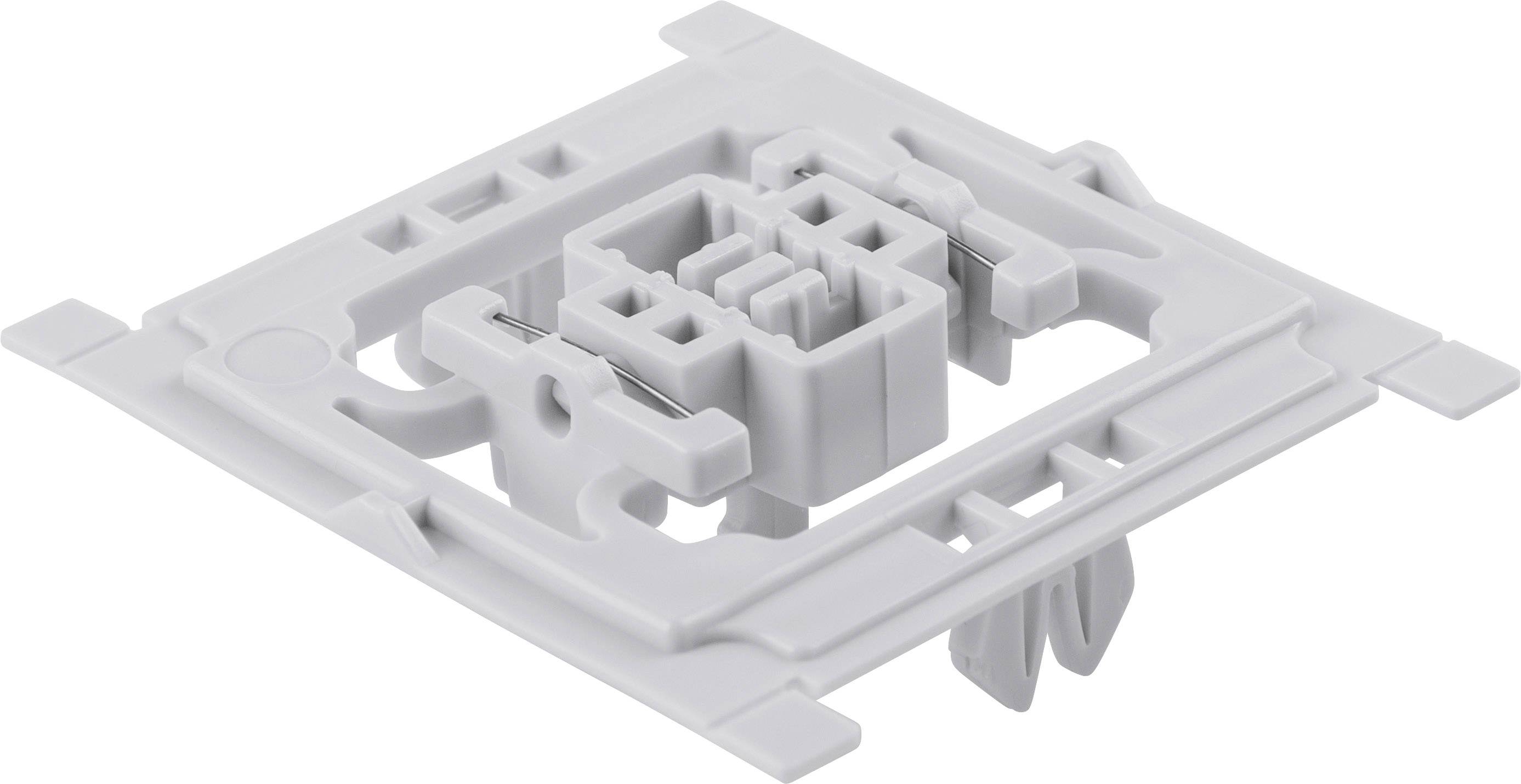 Un telaio grigio in plastica con strutture tecniche e un blocco centrale di morsetti a innesto, idoneo per l'installazione di impianti elettrici.