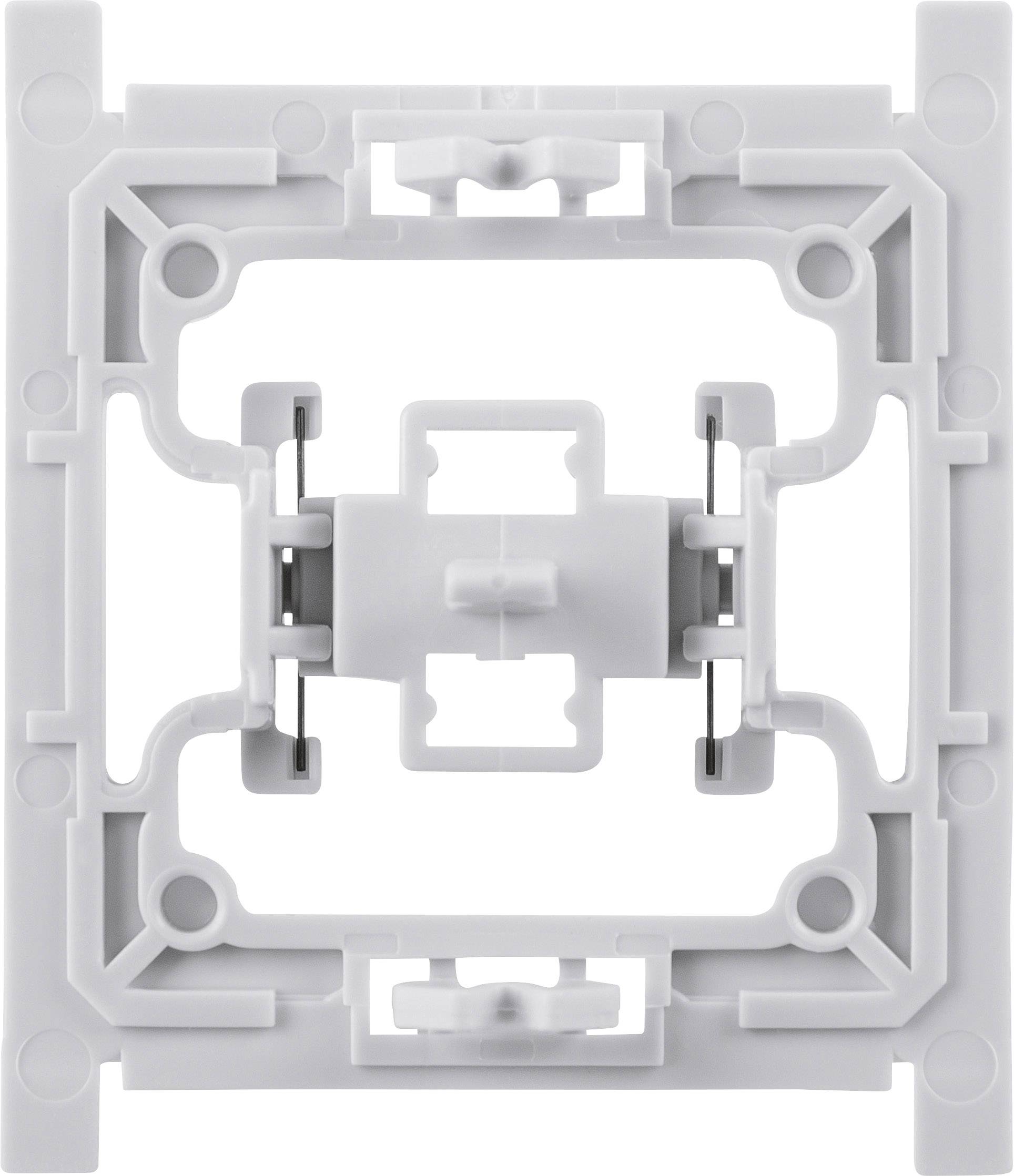 Un telaio per interruttore bianco in plastica, quadrato, con design simmetrico e supporto centrale.