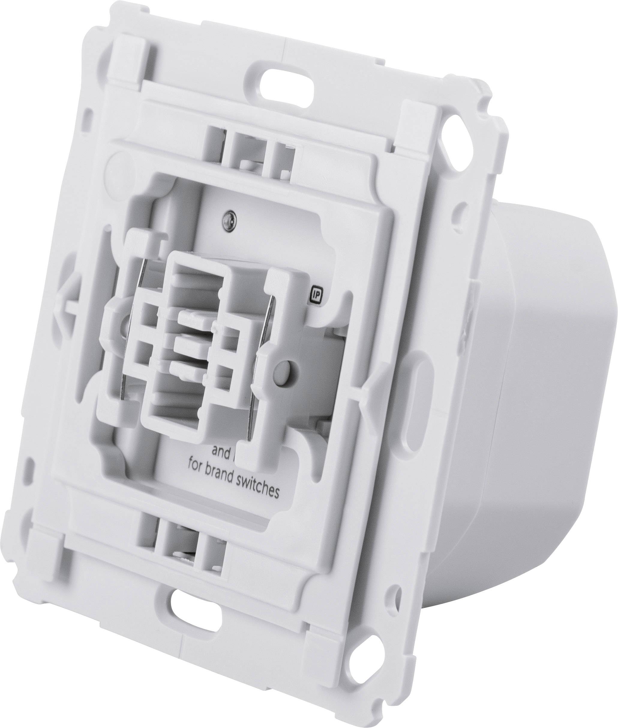Interruttore elettrico bianco con più punti di connessione e scritta 'for brand switches', compatibile con diversi telai per interruttori.