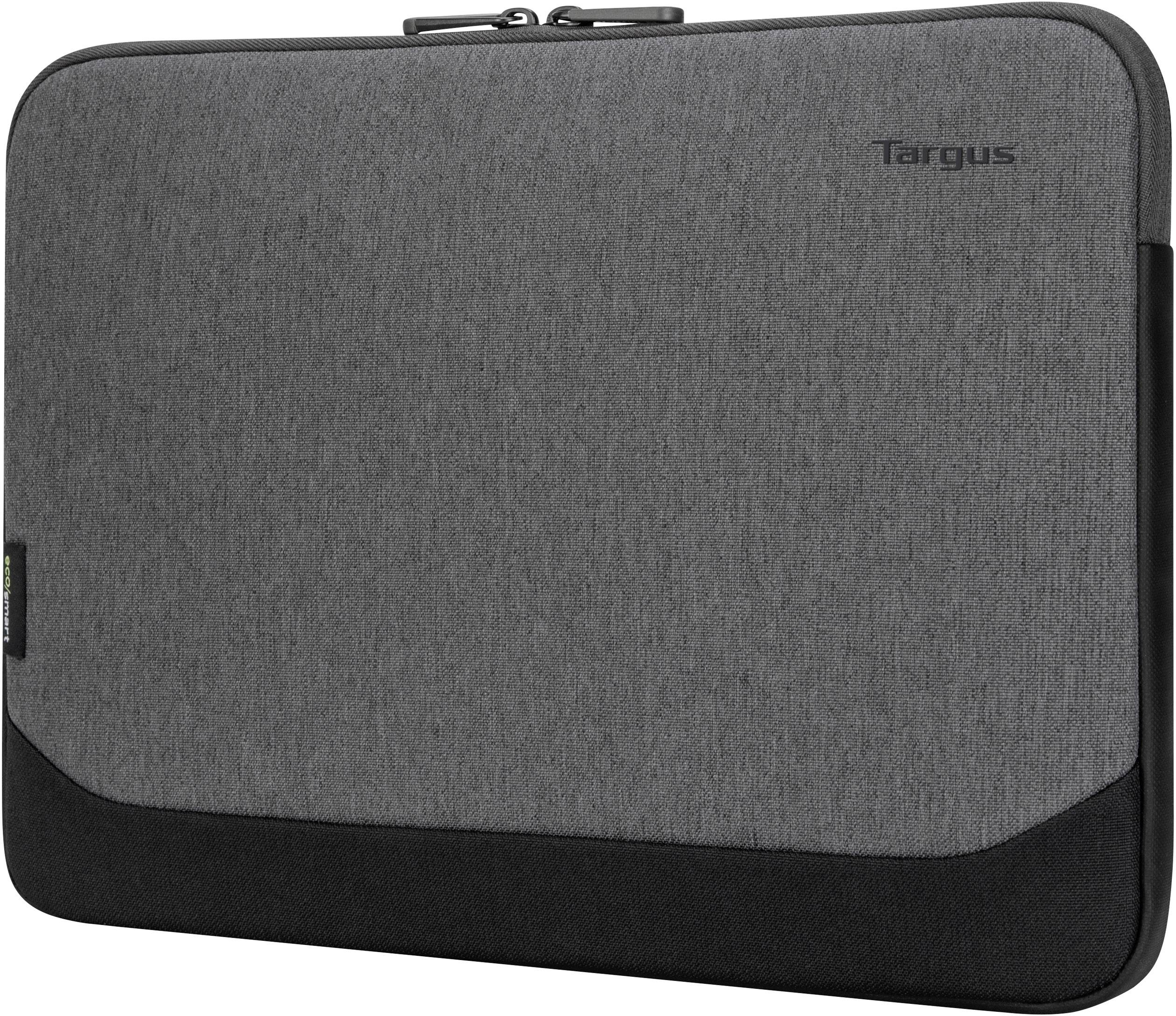 Custodia grigia per laptop Targus con cerniera e bordo inferiore rinforzato nero. Ideale per la protezione e il trasporto di dispositivi.