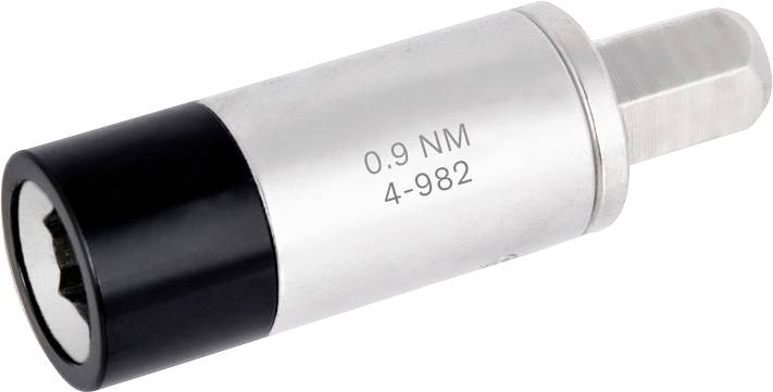 Un utensile limitatore di coppia contrassegnato '0,9 NM 4-982' con corpo cilindrico nero e argento e testa esagonale.