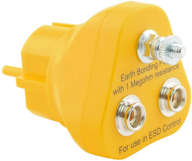 Dispositivo di messa a terra giallo con due slot e vite, contrassegnato con 'Punto di Collegamento di Terra' e 'Per l'uso nel Controllo ESD'.