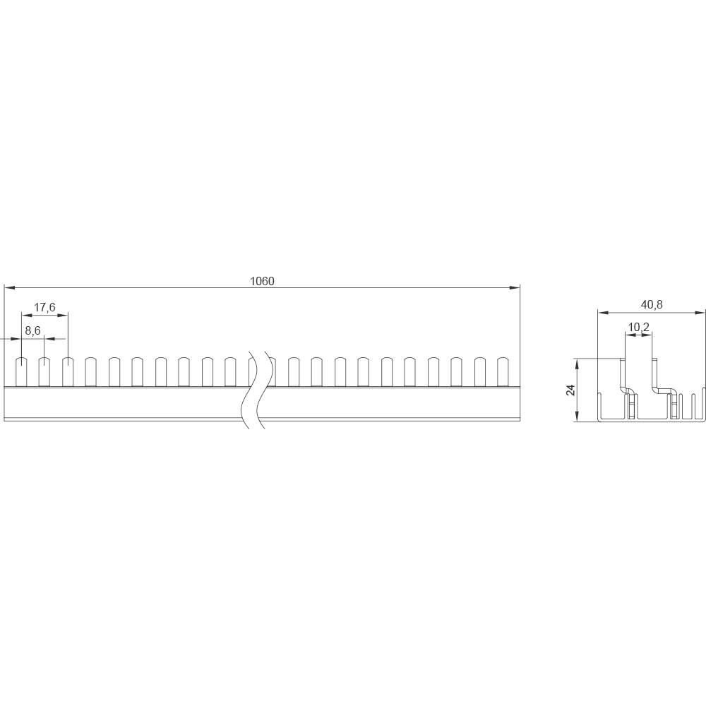 Disegno tecnico di un profilo con misure. Vista principale mostra lunghezza 1060 mm, altezza 24 mm, larghezza del dente 17,6 mm, altezza del dente 8,6 mm.