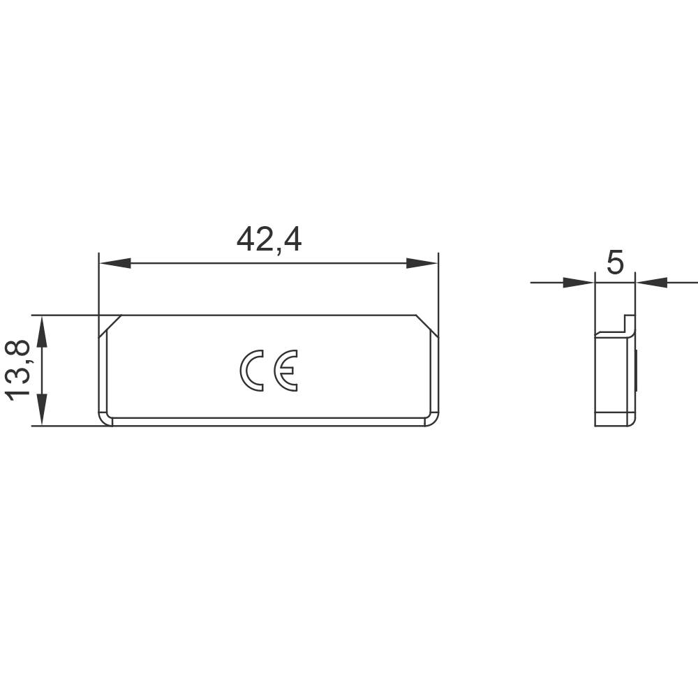 'Disegno tecnico di un componente rettangolare con dimensioni 42,4 mm x 13,8 mm x 5 mm. Marcatura CE sul lato anteriore.'