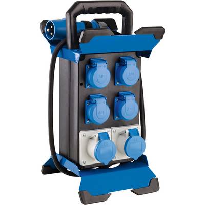 Distributore di corrente con design industriale, dotato di multiple prese elettriche blu e bianche, idoneo per l'utilizzo in cantieri edili.