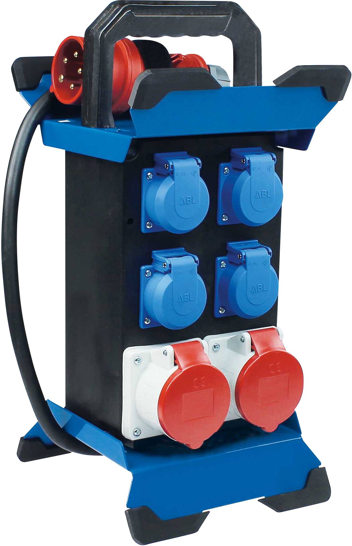 Multipresa verticale con impugnatura, con due prese rosse e sei prese blu, collegata a un cavo nero.