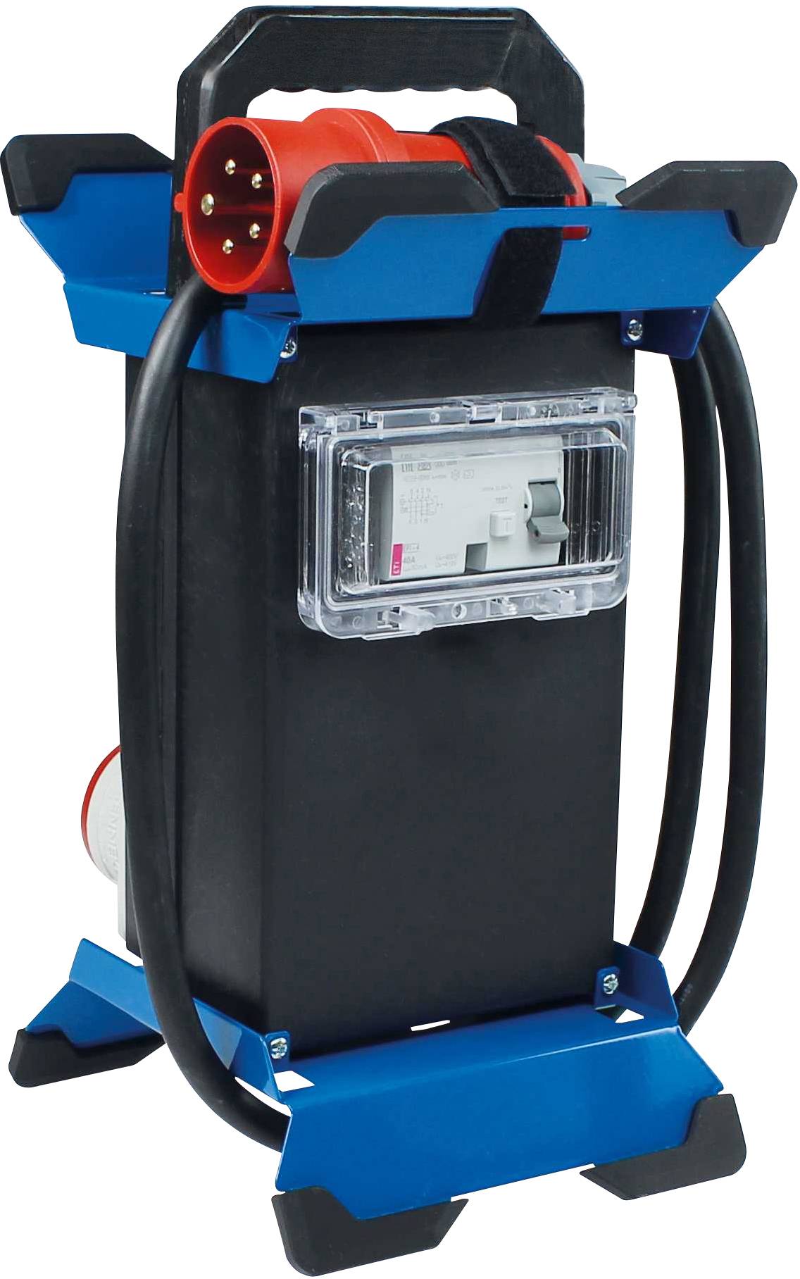 Quadro elettrico da cantiere con multiple prese e interruttore di sicurezza, montato su piedini antiscivolo, ideale per ambienti di lavoro edili.