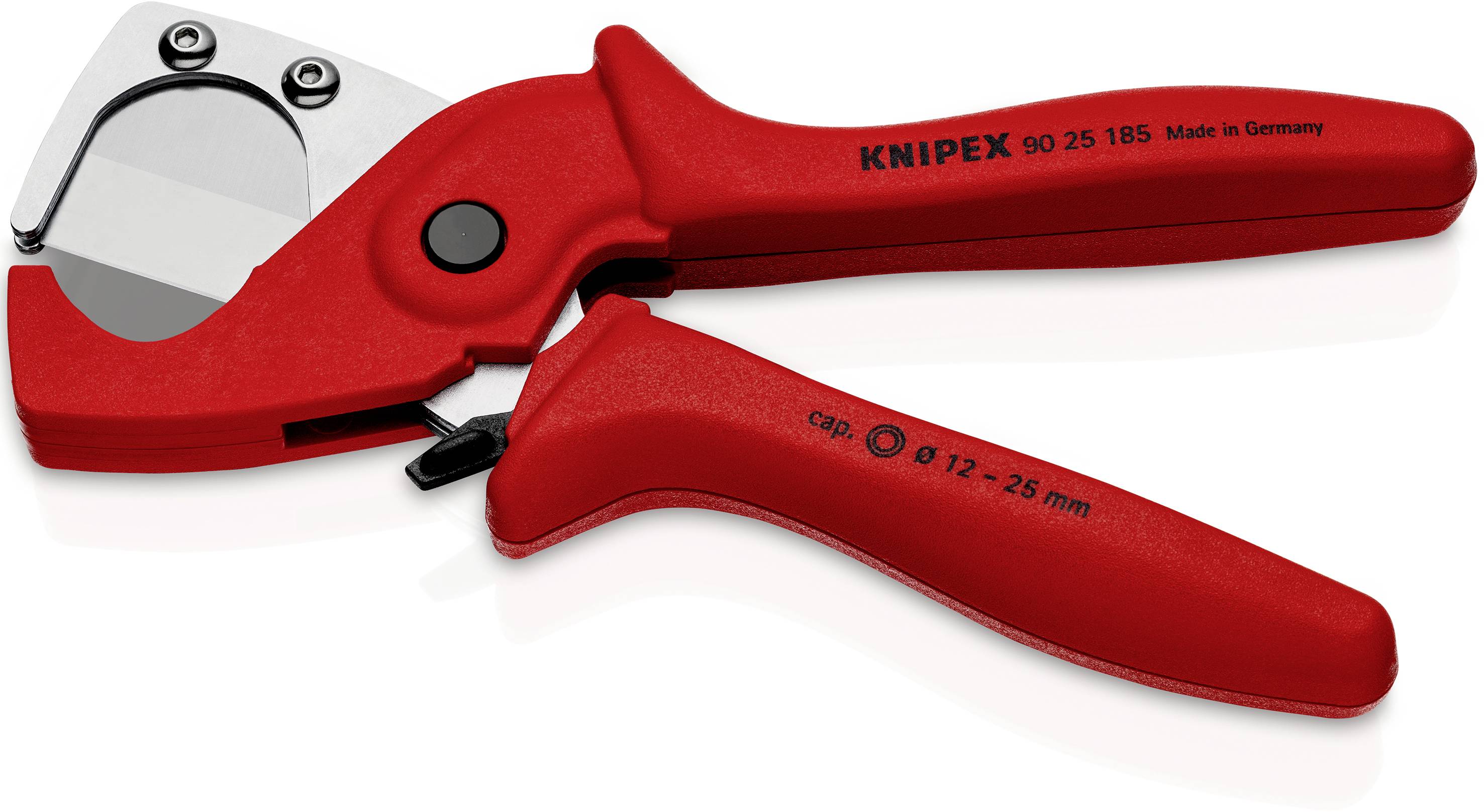 Forbice per cavi rossa con lama di taglio nera e bottone nero. Iscrizione: 'KNIPEX 90 25 185' e 'cap. Ø 12-25 mm'.