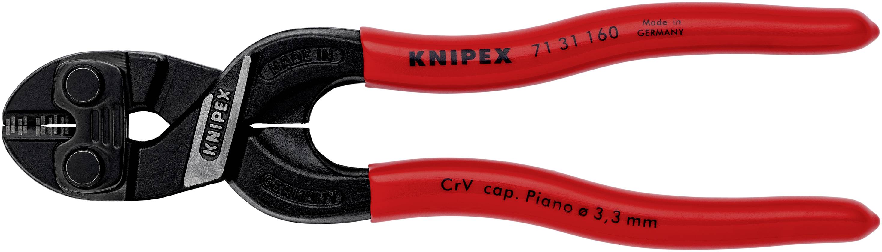 Una forbice per cavi Knipex rossa con testa nera, adatta al taglio di filo per pianoforte da 3,3 mm di spessore. Made in Germany.