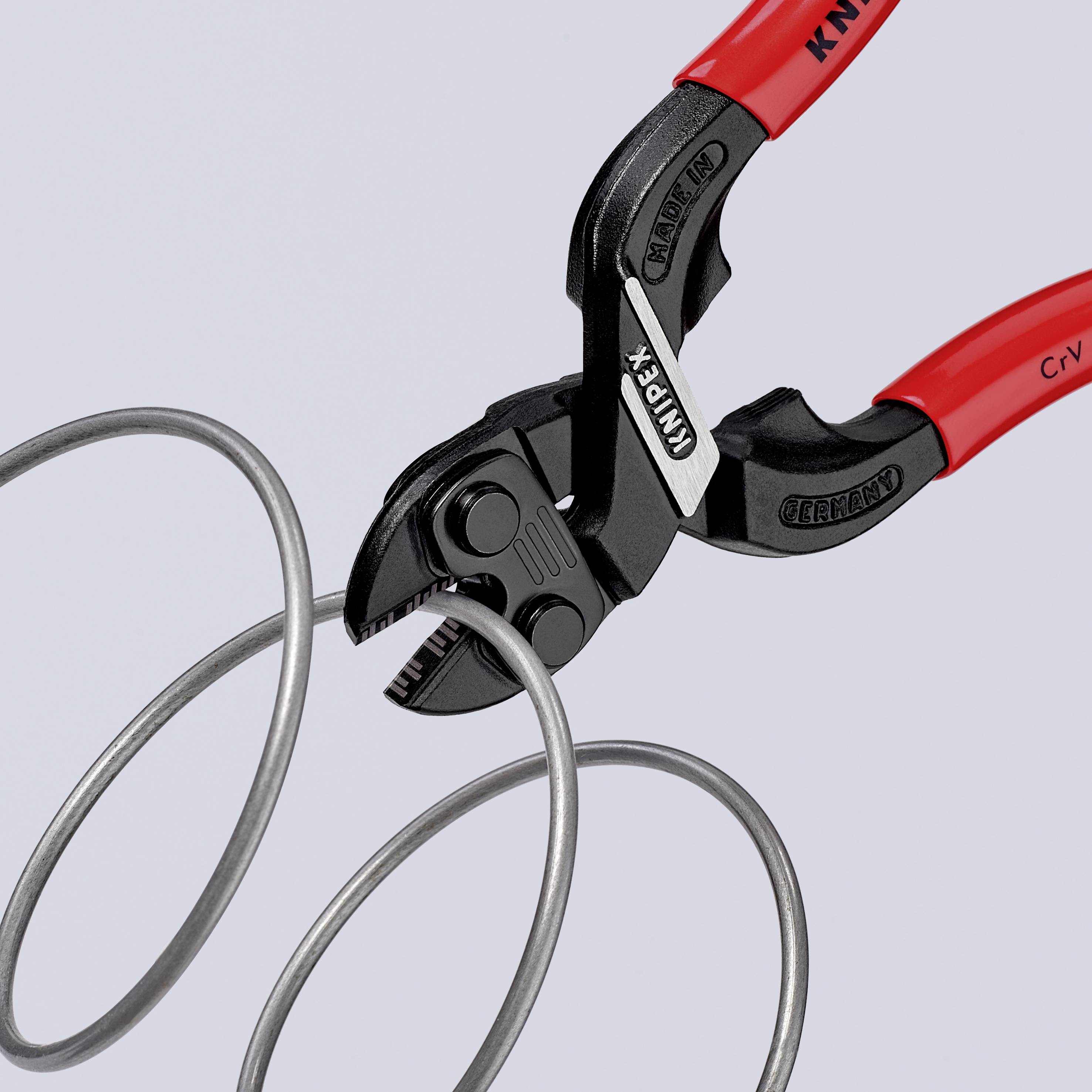 Pinza per tagliare anelli elastici, design robusto, manici rossi.