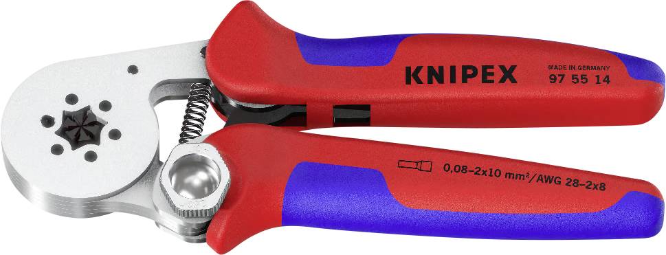 Un paio di pinze crimpatrici Knipex rosse e blu con impostazioni regolabili, utilizzate per lavori elettrici. L'attrezzo ha un meccanismo a leva in metallo.