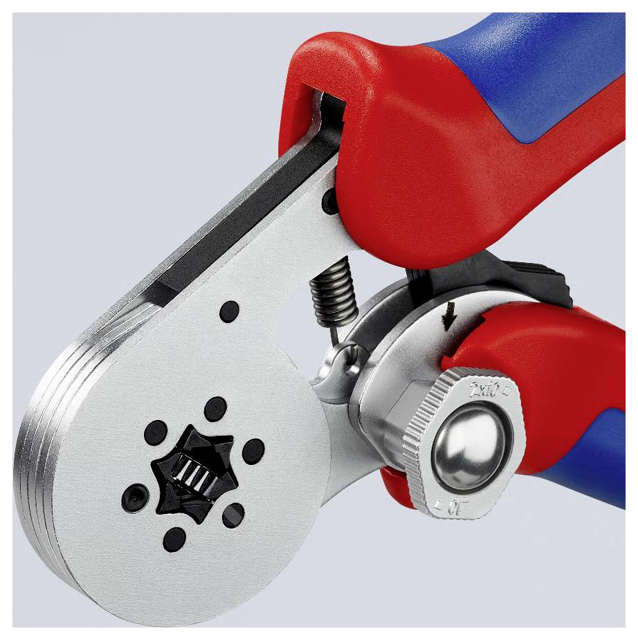 Pinza crimpatrice Knipex rossa e blu con testa in metallo, progettata per crimpar terminali tubolari di filo, con numero di modello 97 55 14.