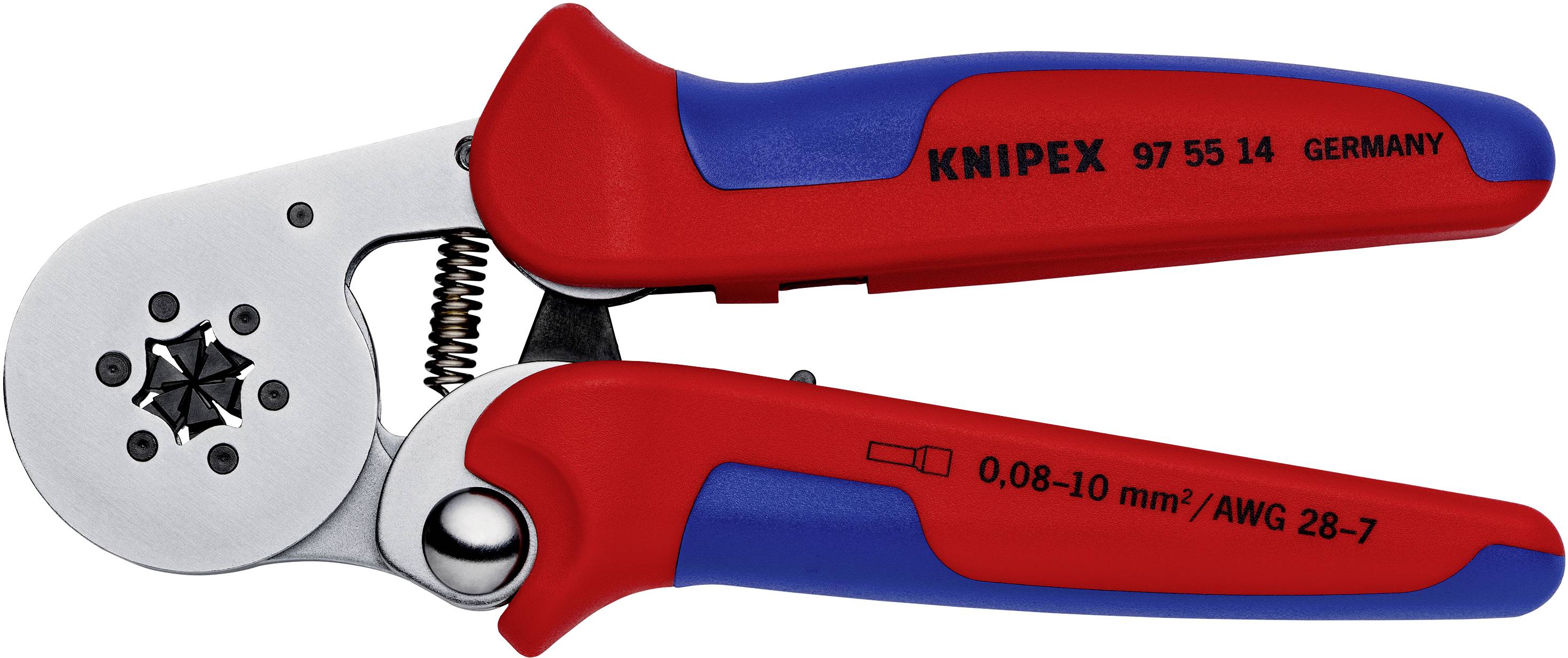 Pinza crimpatrice Knipex con impugnatura rosso-blu, modello 97 55 14, idonea per sezioni di cavo da 0,08-10 mm²/AWG 28-7.
