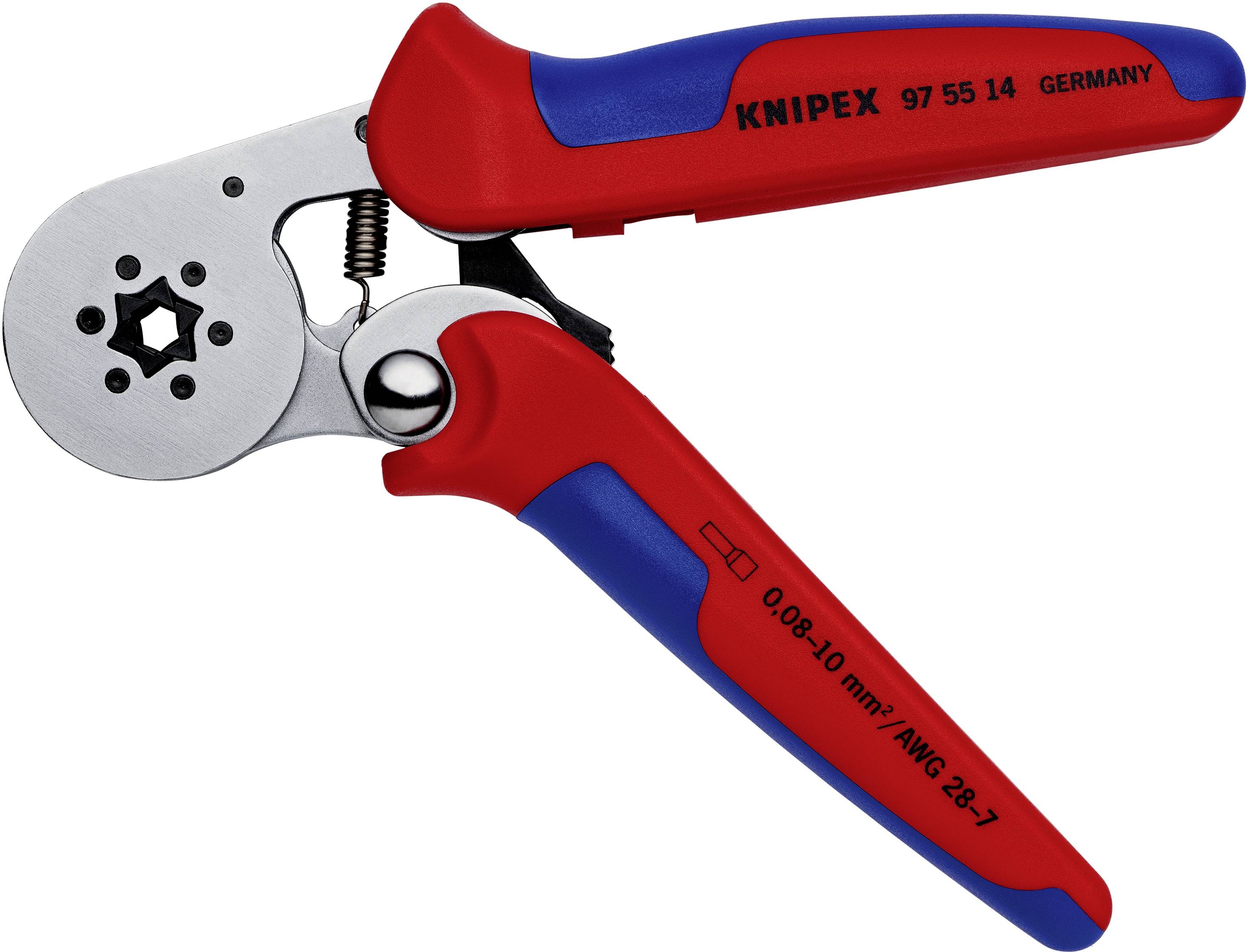 Pinza a morsetto con impugnatura rossa e blu. Iscrizione 'KNIPEX 97 55 14 GERMANY' e '0.08-10 mm² / AWG 28-7'.